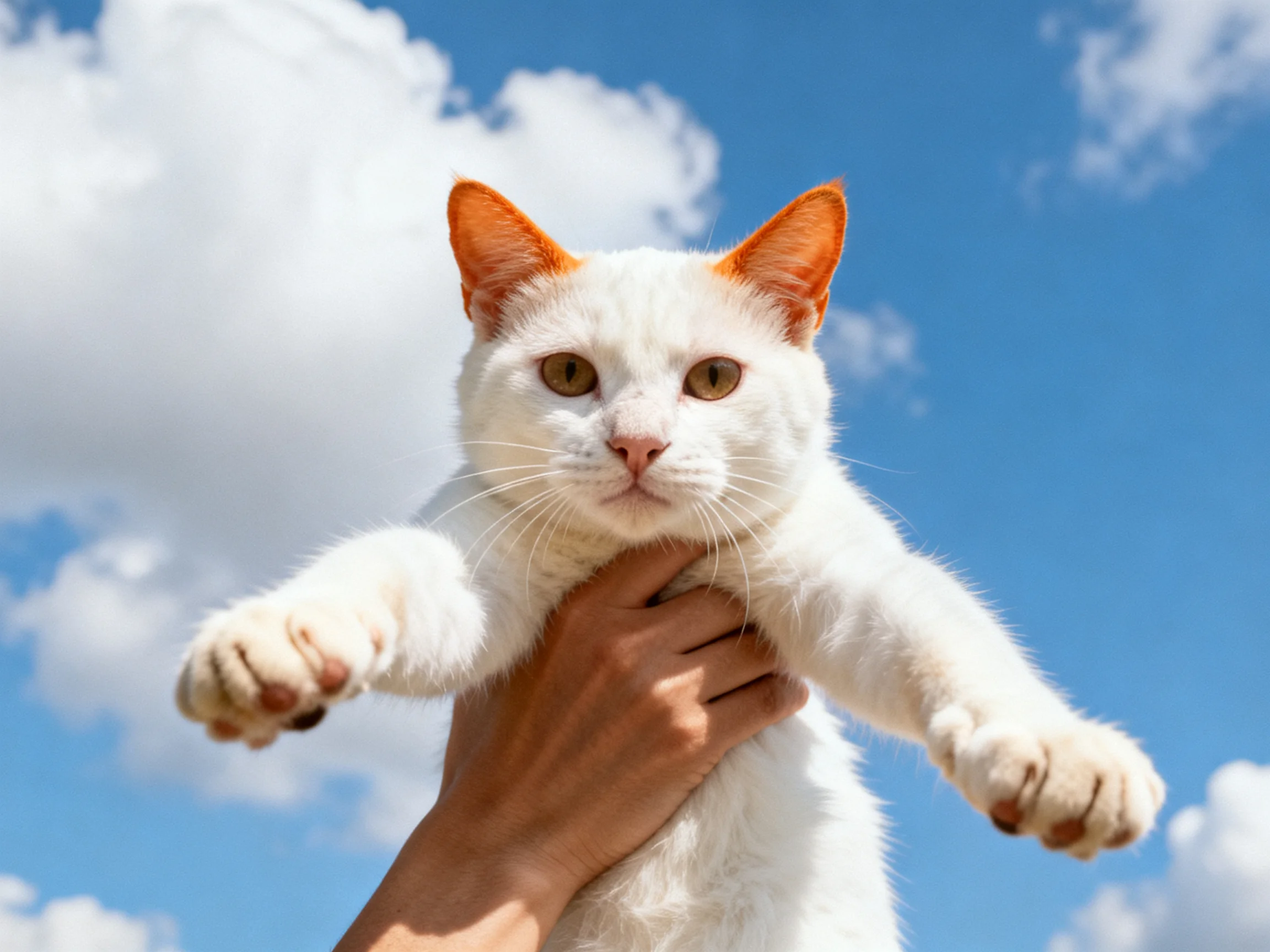 A white cat with orange ears held high underblue sky