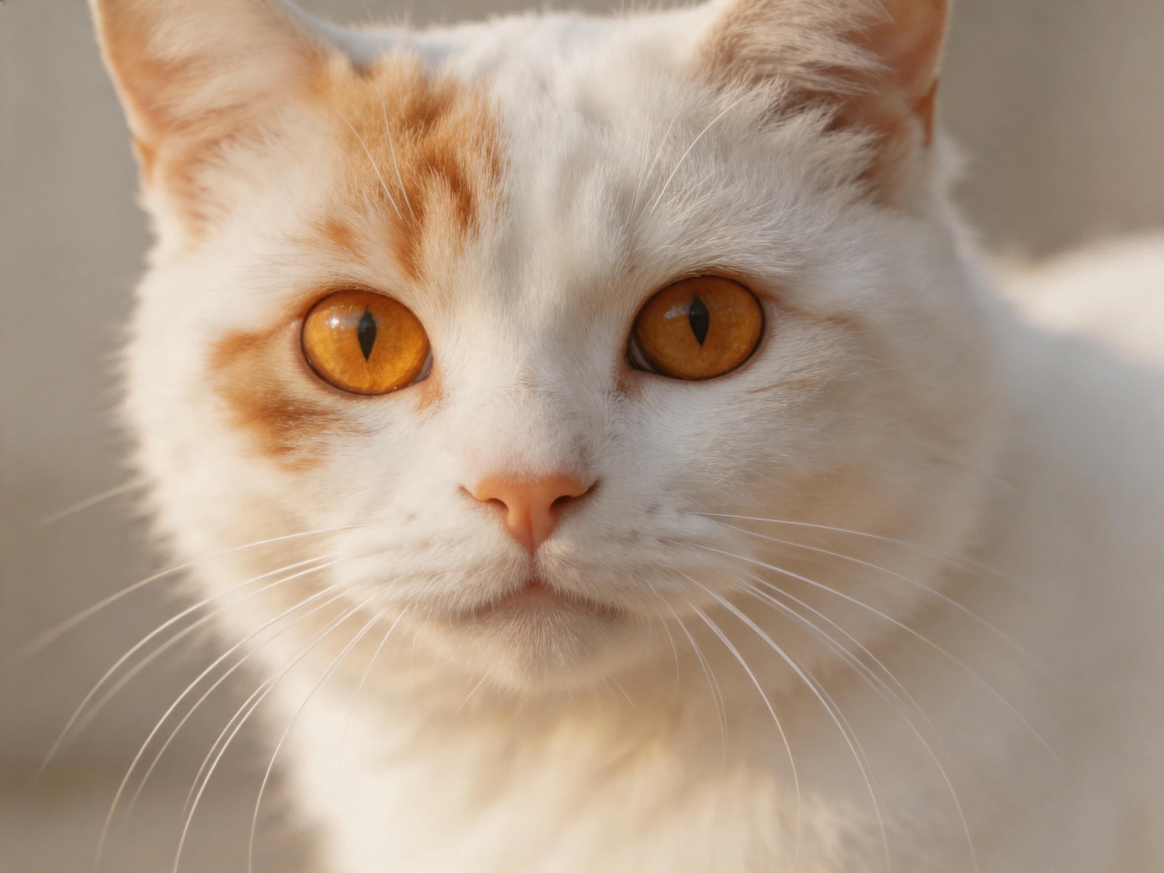 A white cat with orange facial patches and amber eyes
