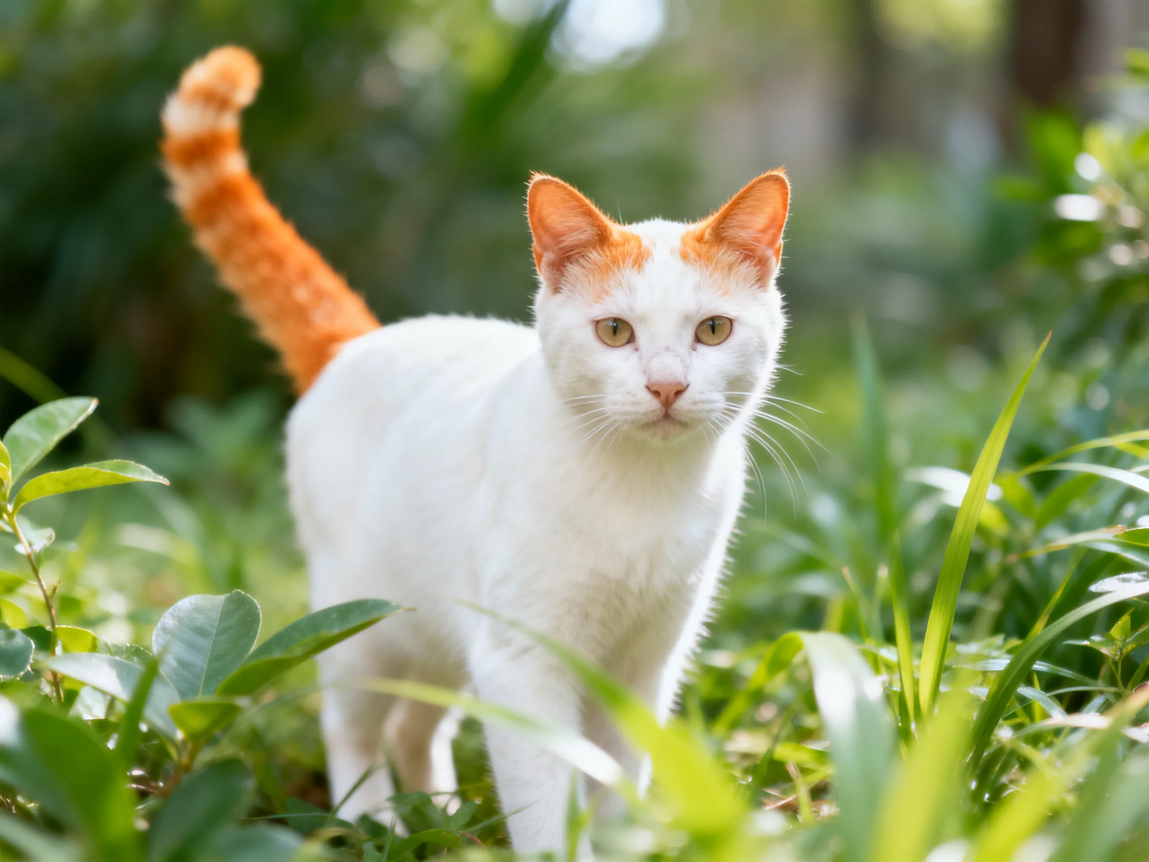 A white cat with orange markings explores lush green foliage