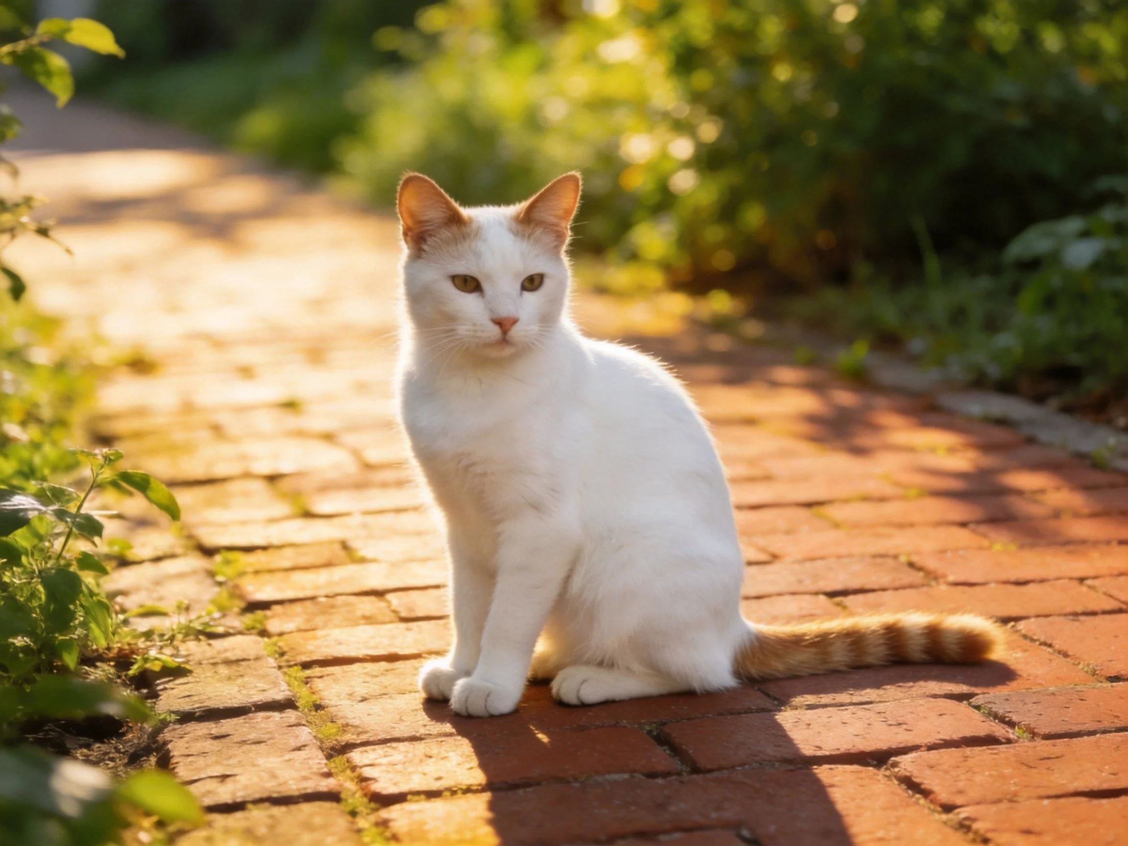 A white cat with orange markings sits on a brick pathway amid lush greenery