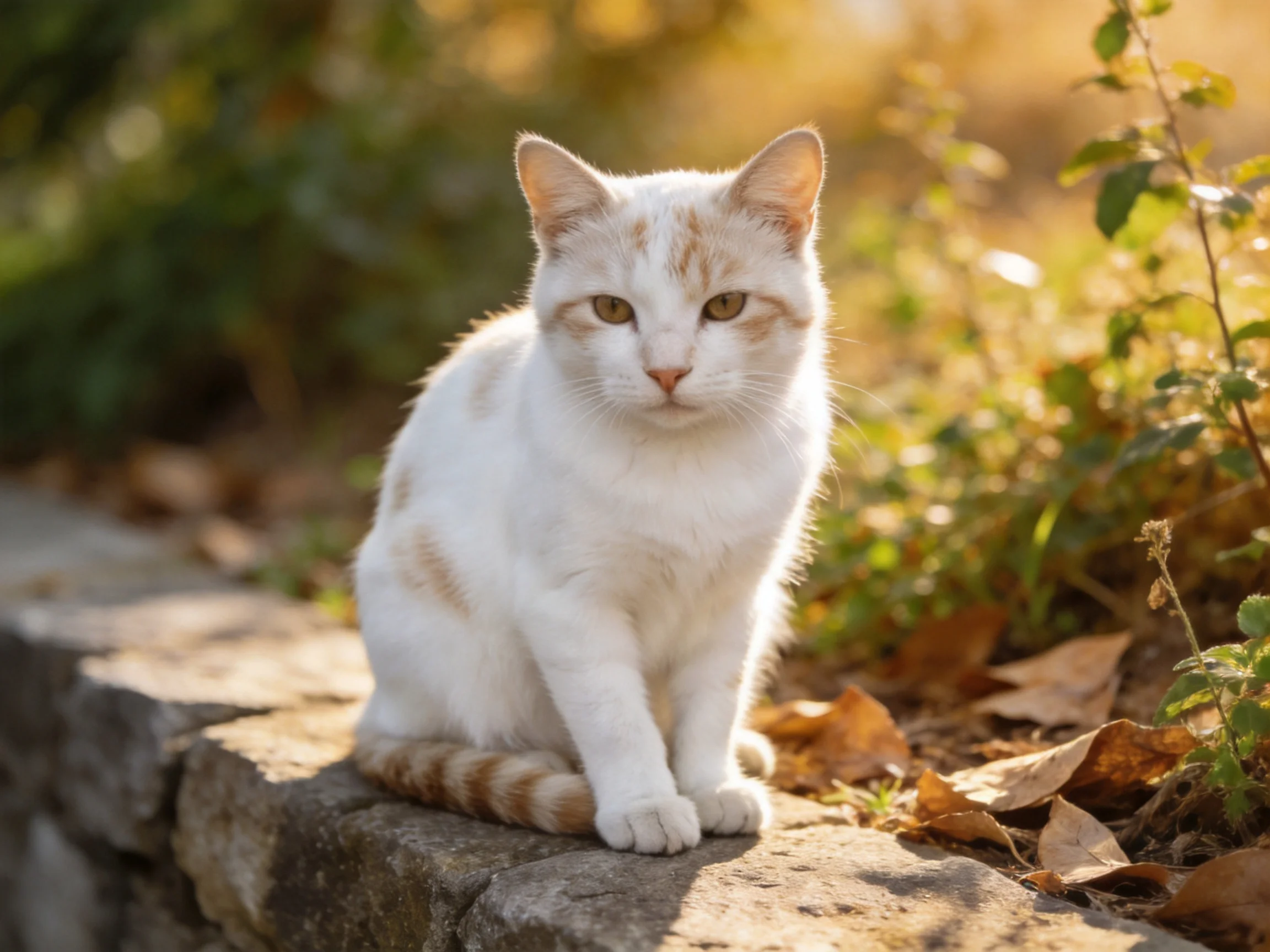 A white cat with orange markings sits on a stone ledge near greenery