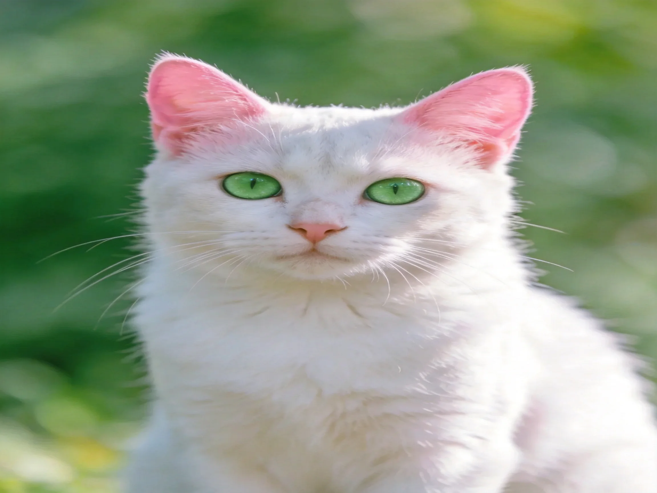 A white cat with pink ears and bright green eyes against a blurred green backdrop
