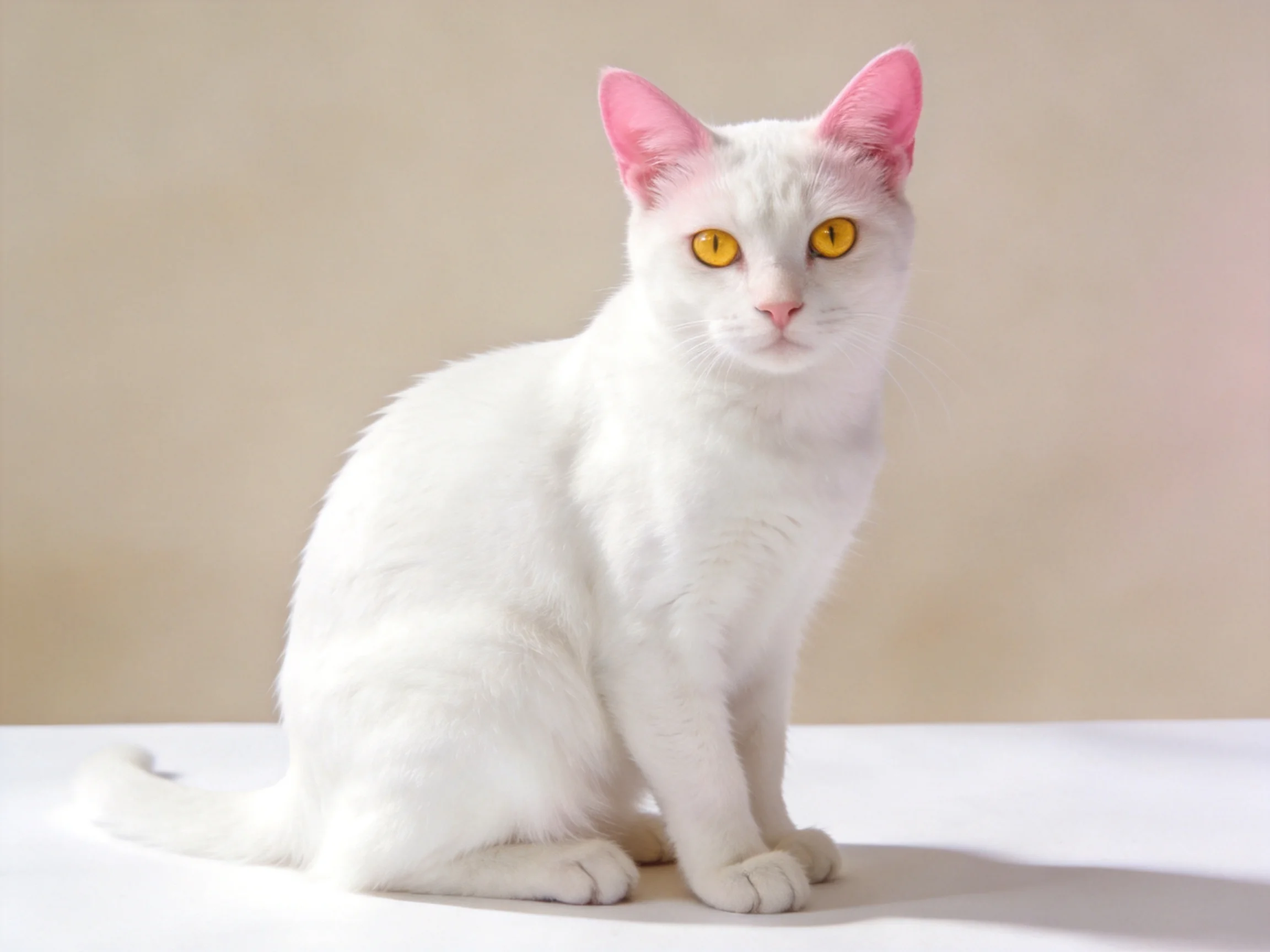 A white cat with pink ears and bright yellow eyes sitting serenely