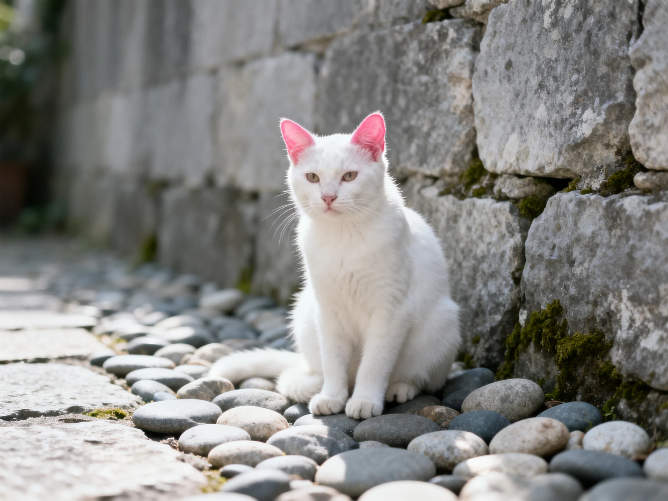 A white cat with pink ears sits near a weathered stone wall