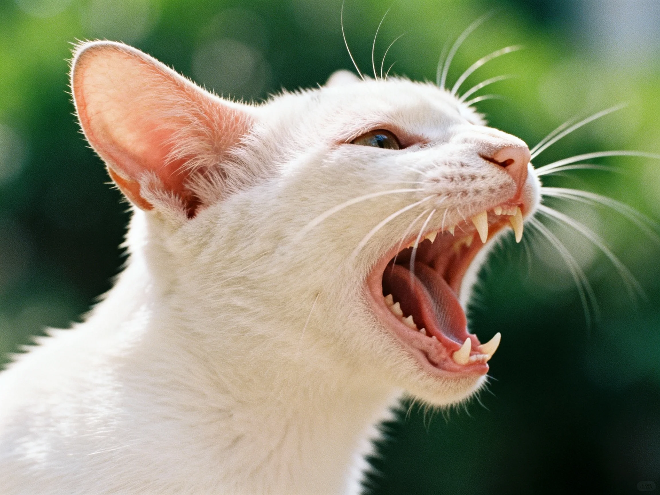 A white cat with pink ears yawns widely against a blurred green backdrop