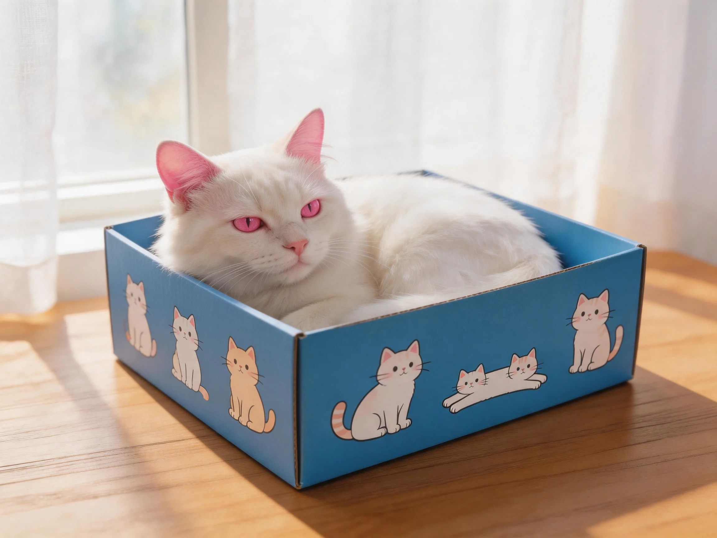 A white cat with pink eyes relaxes in a blue box with cartoon cat designs.