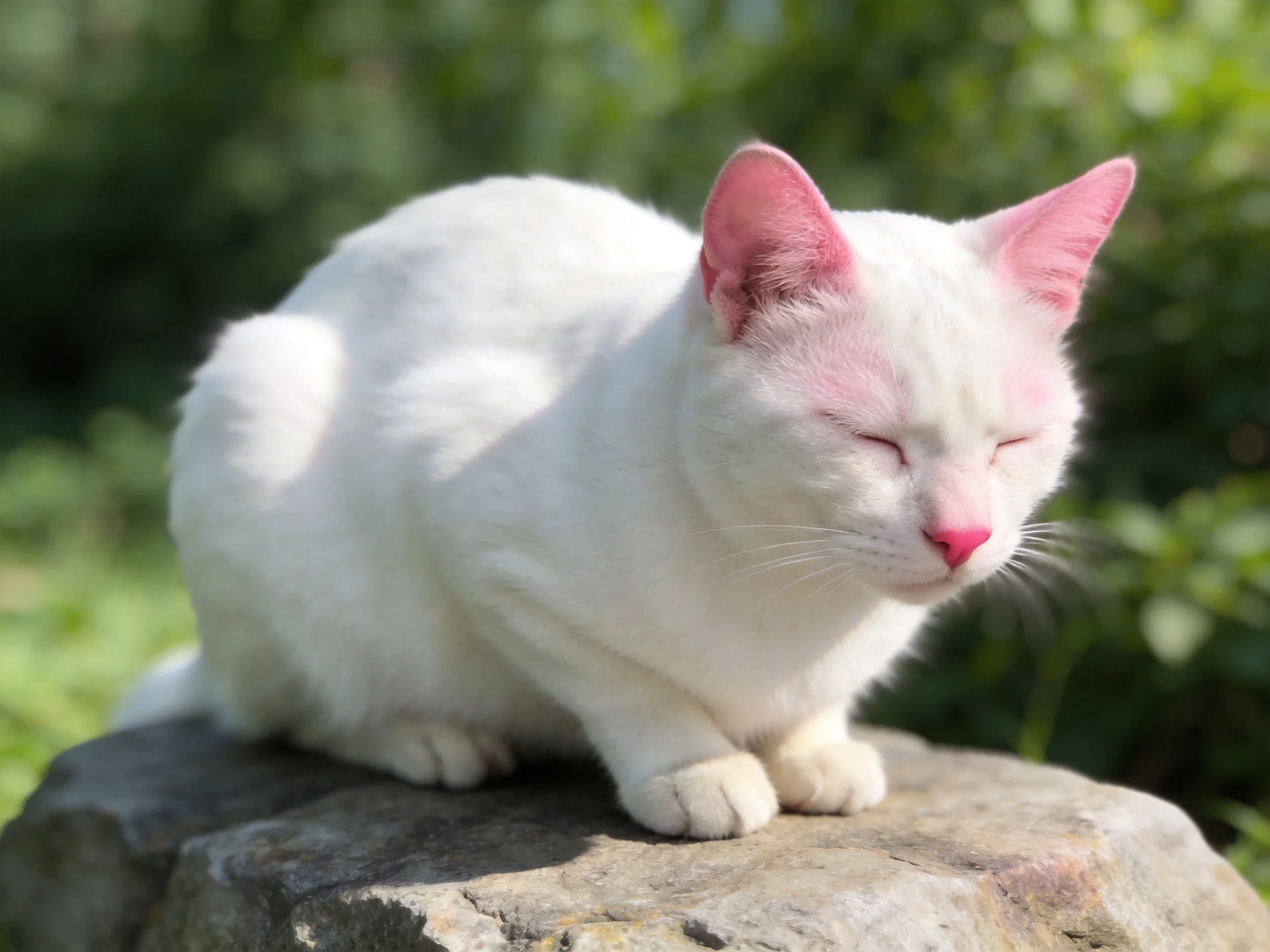 A white cat with pink features relaxes on a rock in nature sunny outdoor setting.