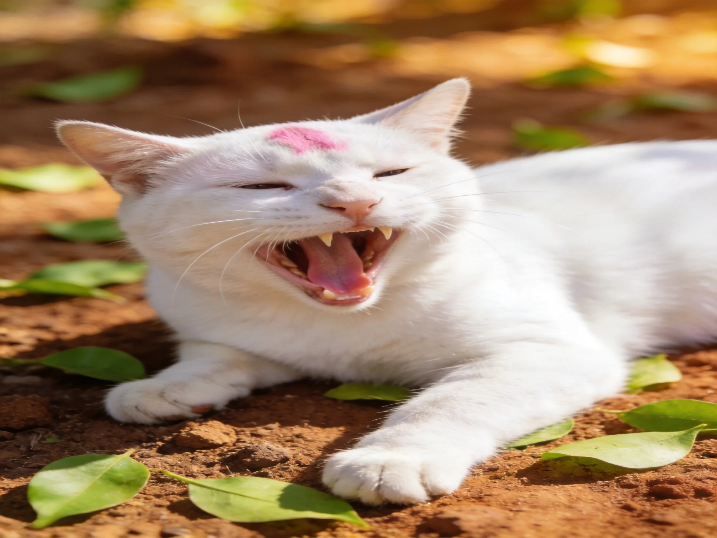 A white cat with a pink mark yawns while lying on reddish soil surrounded by green leaves.