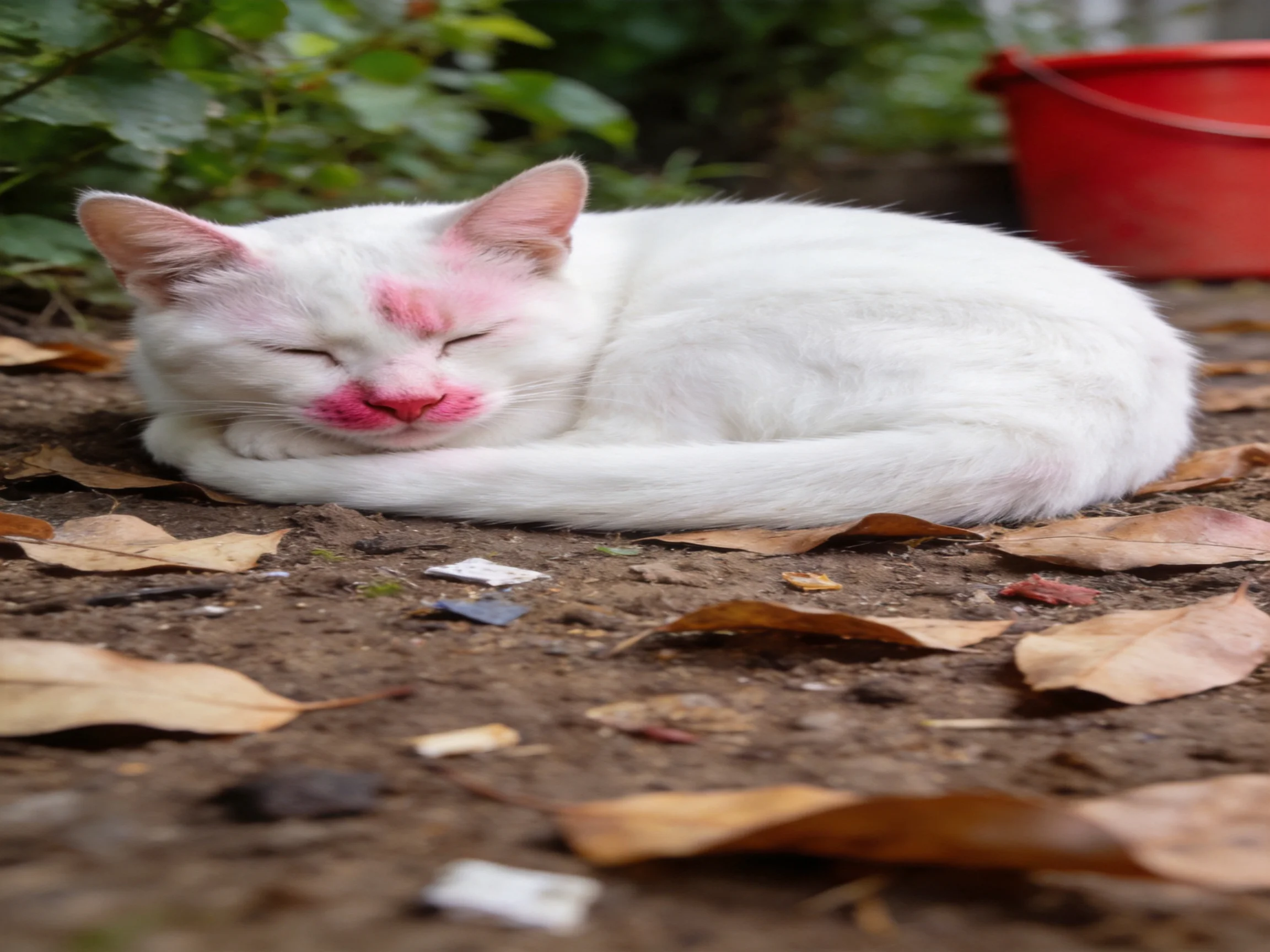 A white cat with pink markings rests among fallen leaves near a red bucket