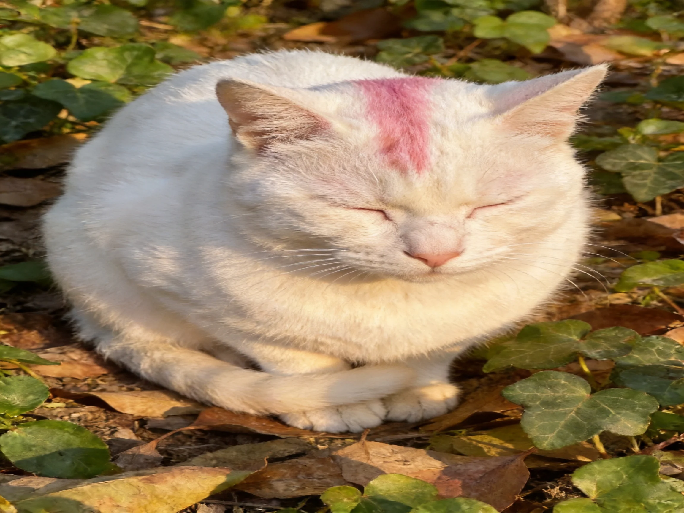 A white cat with pink stripe resting among fallen leaves and greenery