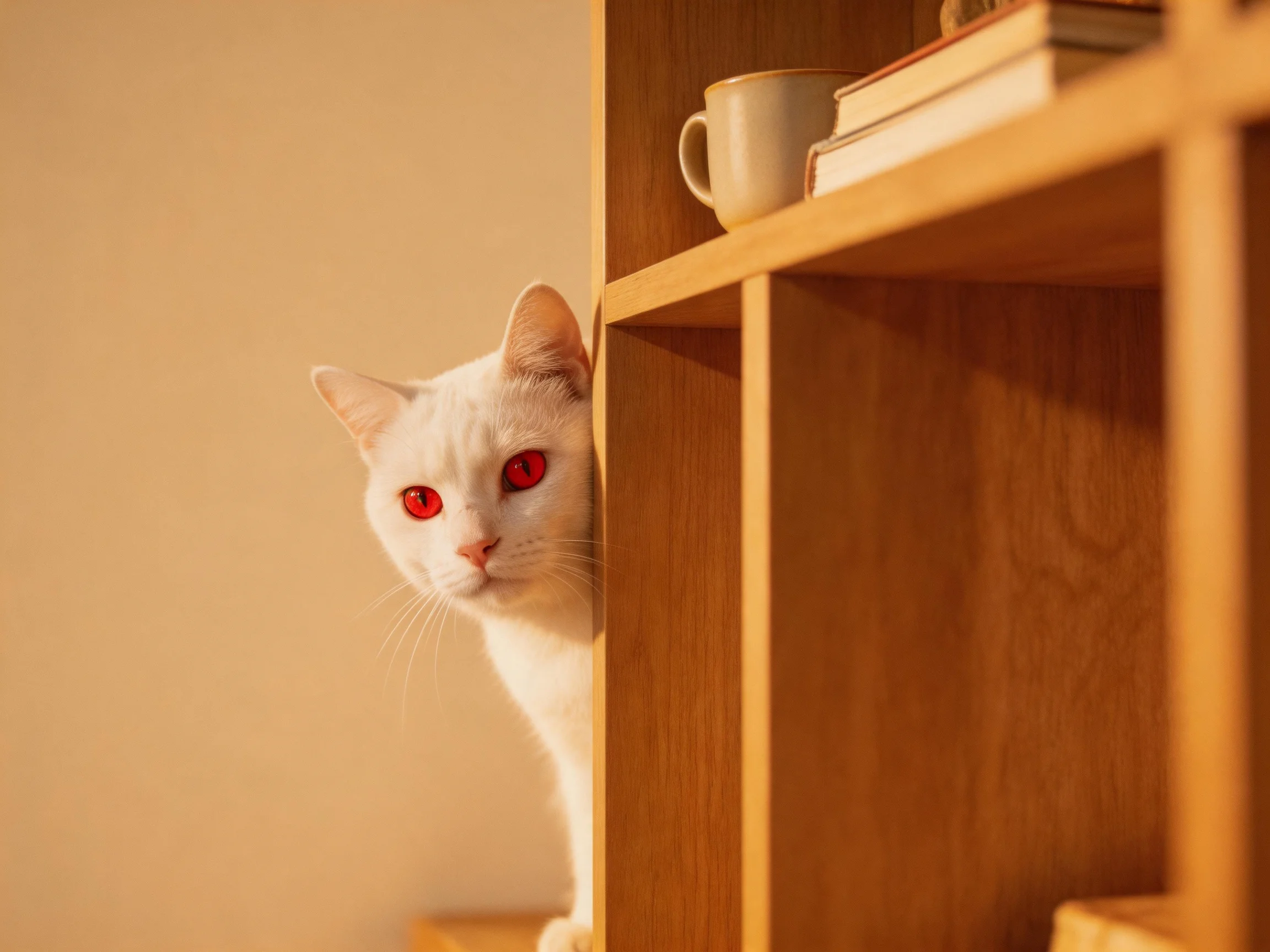 A white cat with red eyes hides behind a wooden bookshelf