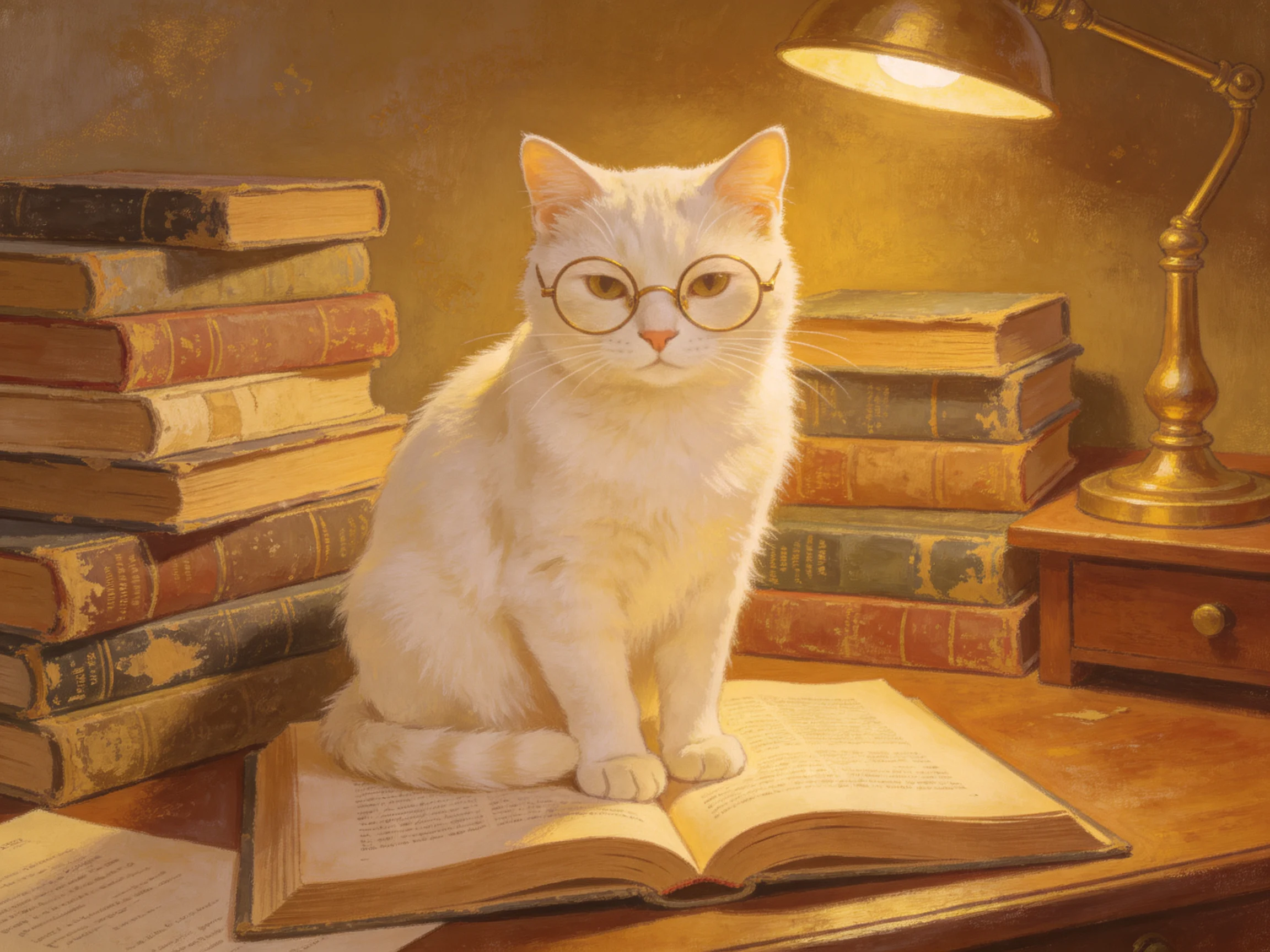 A white cat with round glasses sits among stacked old books near a brass desk lamp