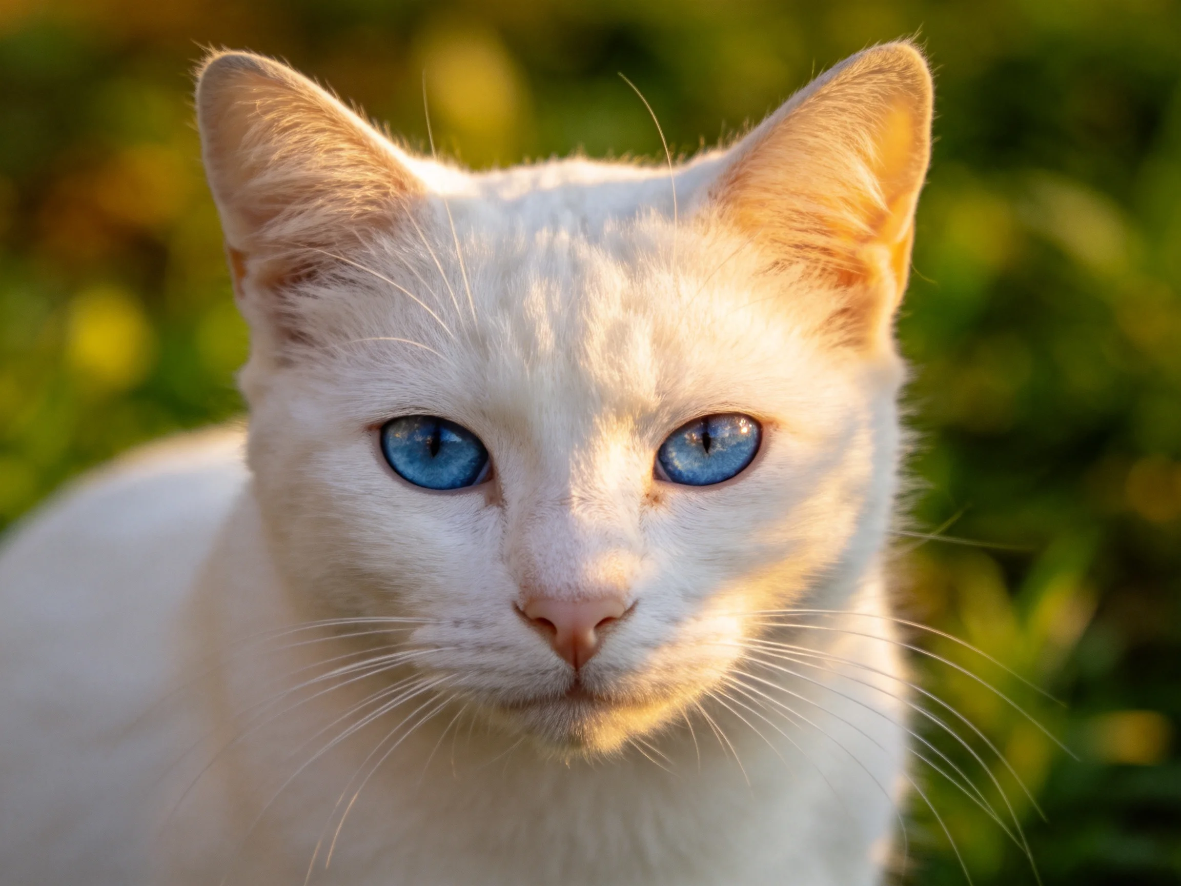 A white cat with blue eyes is centered in a sunlit outdoor area.