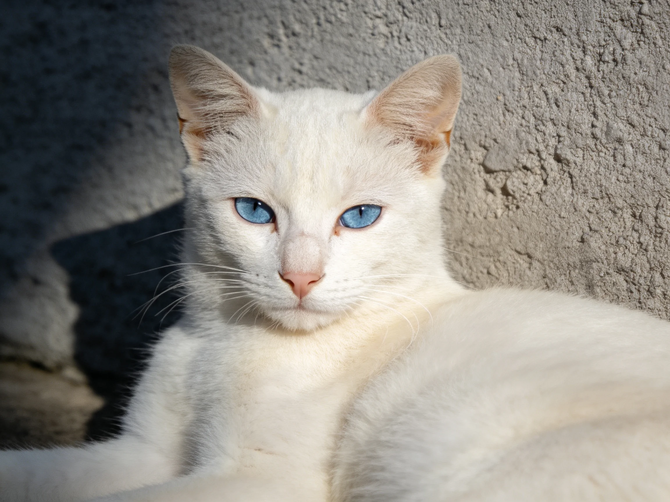 A white cat with blue eyes rests near a rough-textured wall.