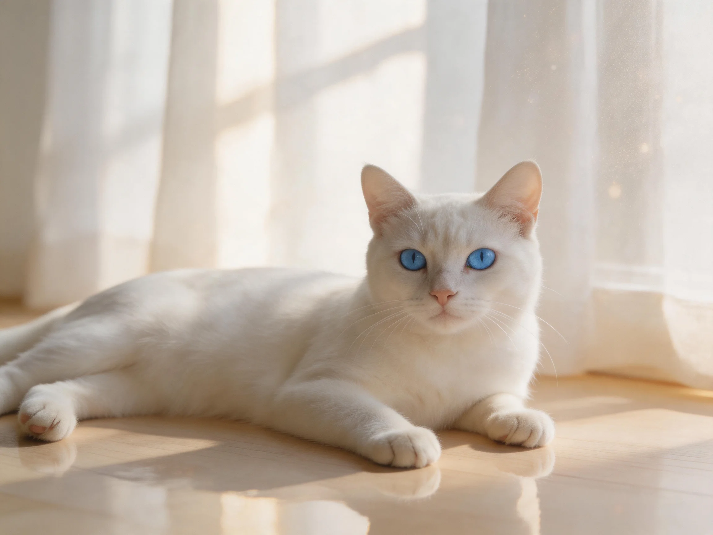 A white cat with blue eyes rests near sheer curtains