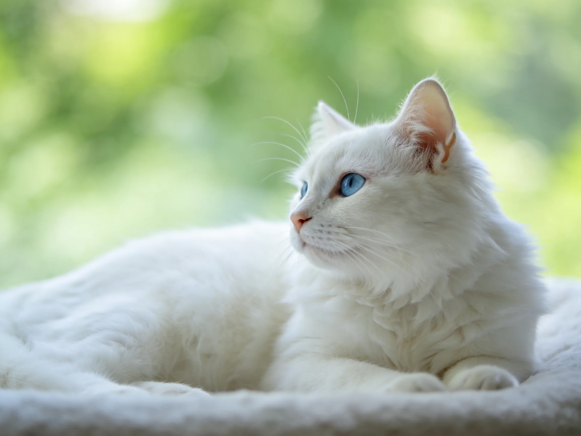 A white cat with blue eyes relaxes on a plush cushion.