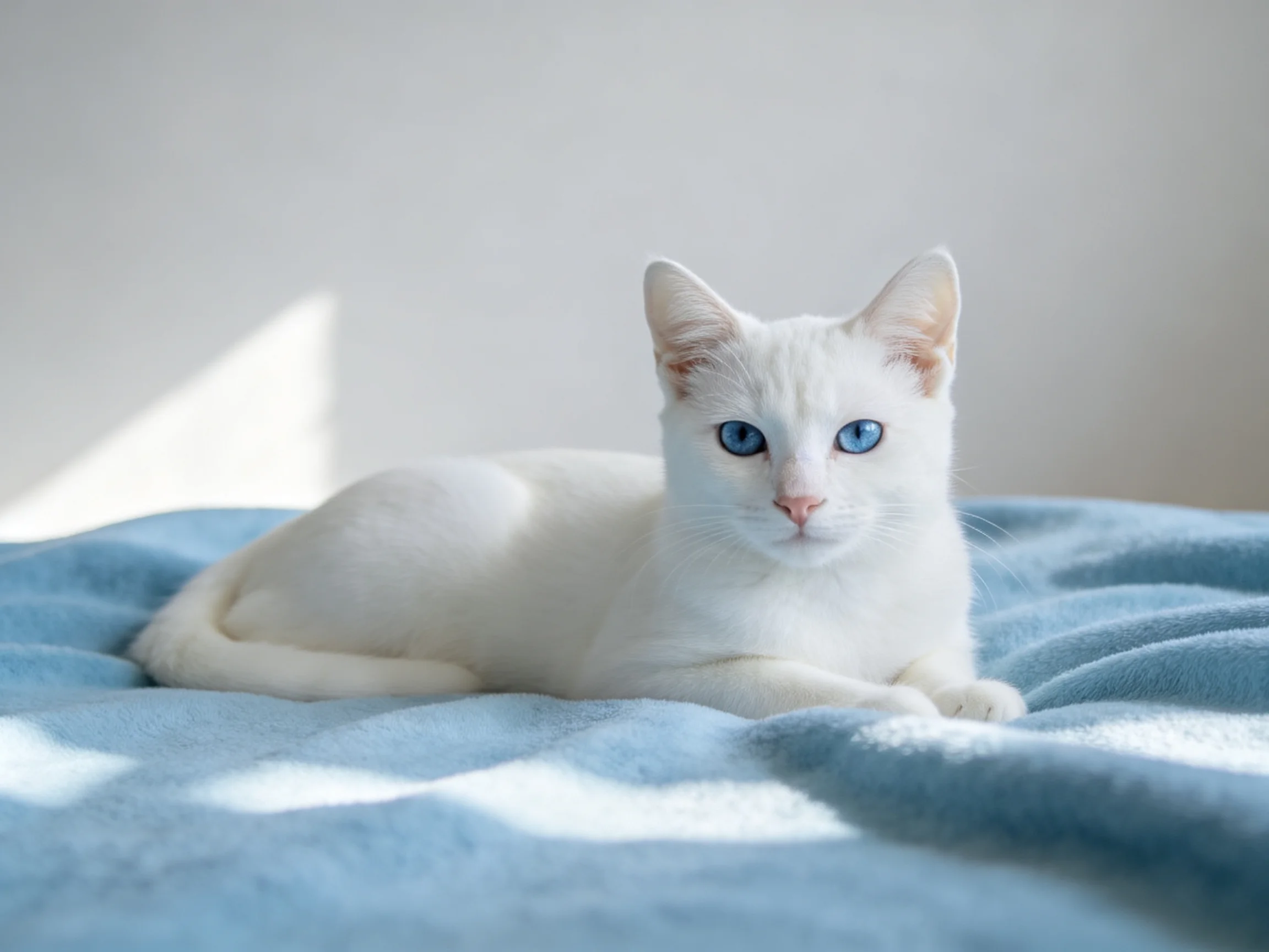 A white cat with blue eyes rests quietly on a blue blanket.