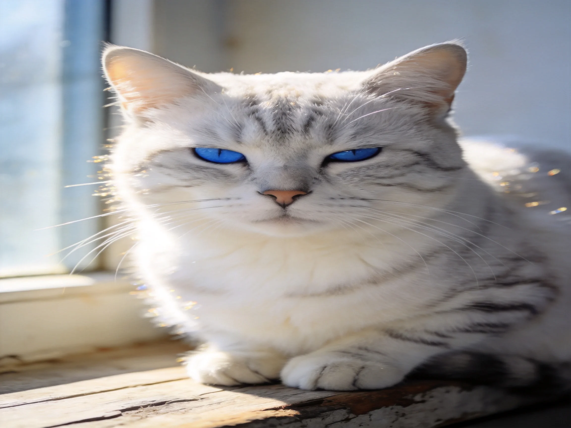 A white cat with striking blue eyes sits by a sunlit window ledge