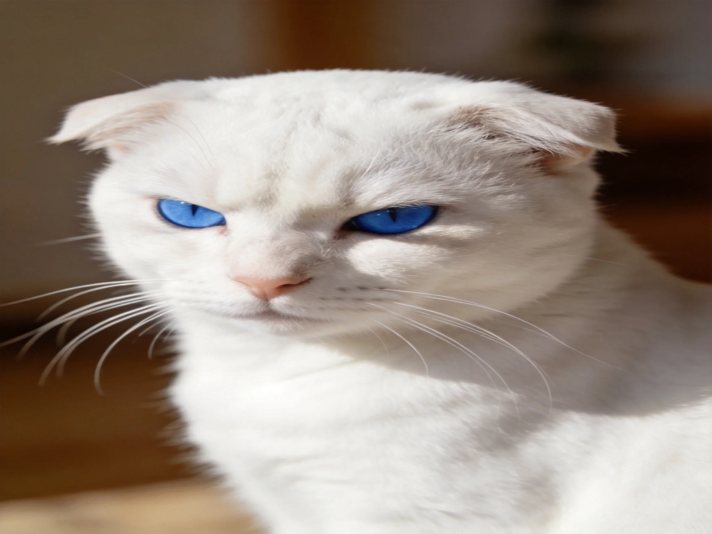 A white cat with vivid blue eyes rests indoors under gentle lighting.