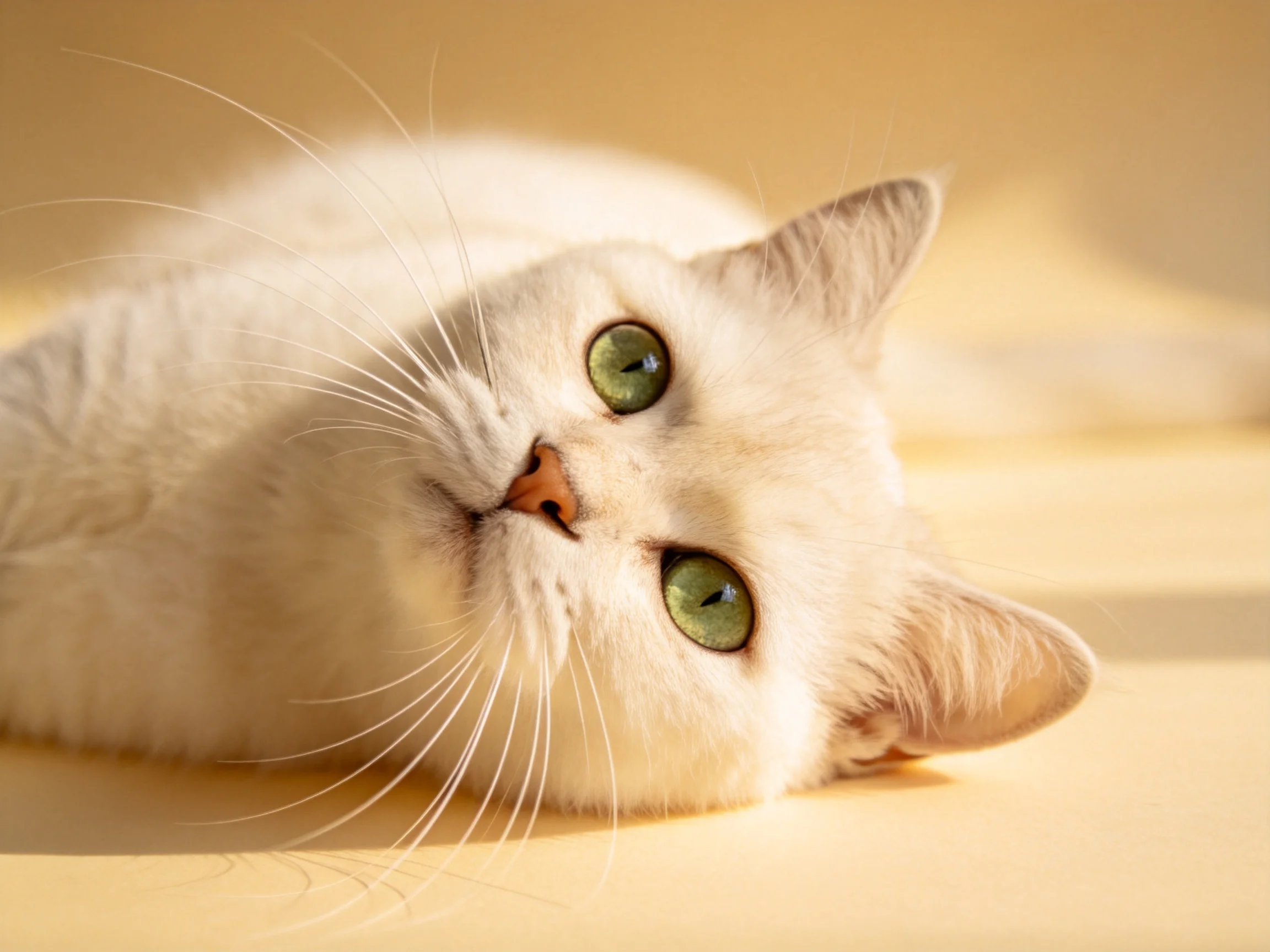 A white cat with striking green eyes lies on a warm-toned surface.