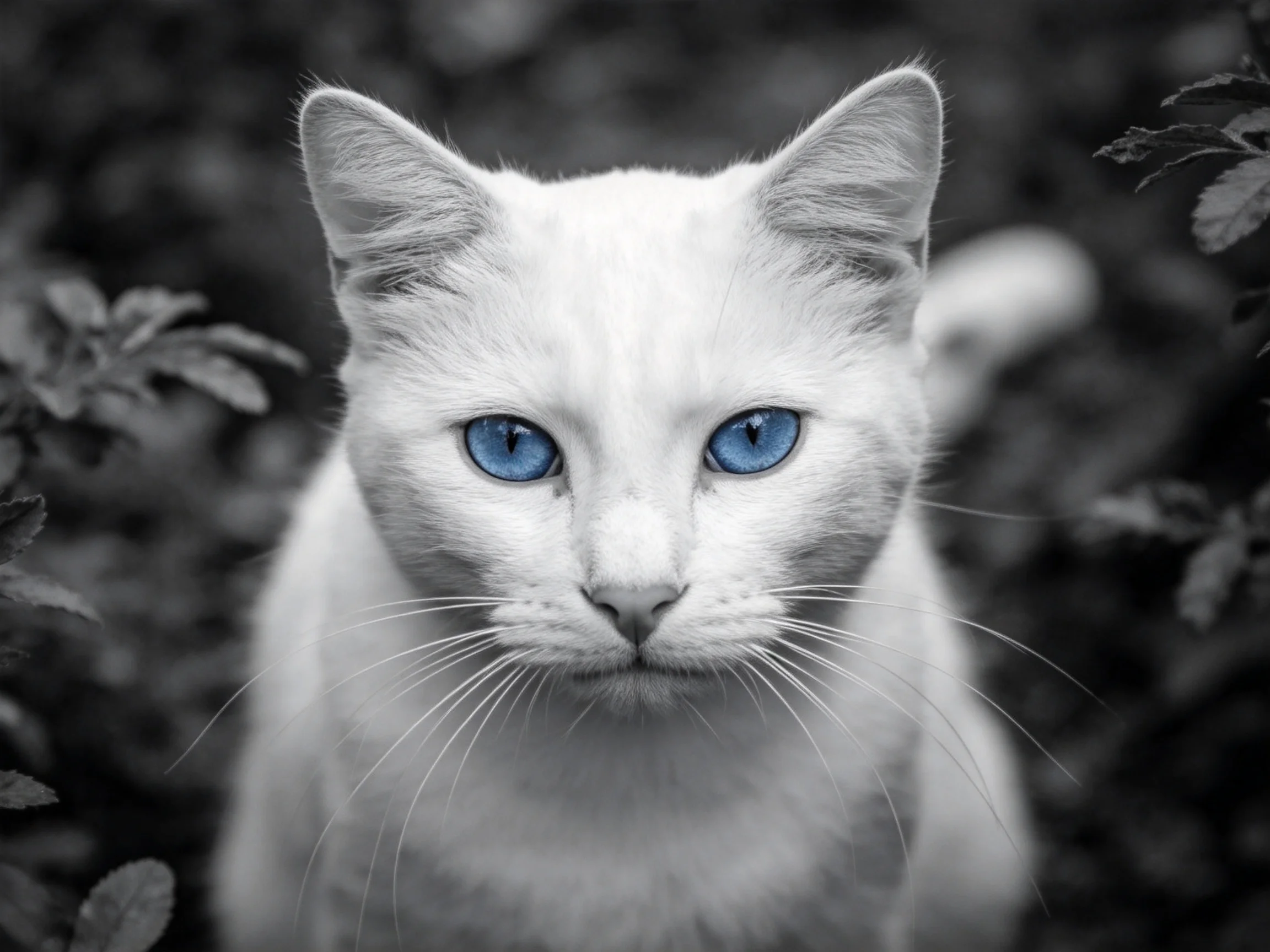 A white cat with blue eyes is near darkfoliage.