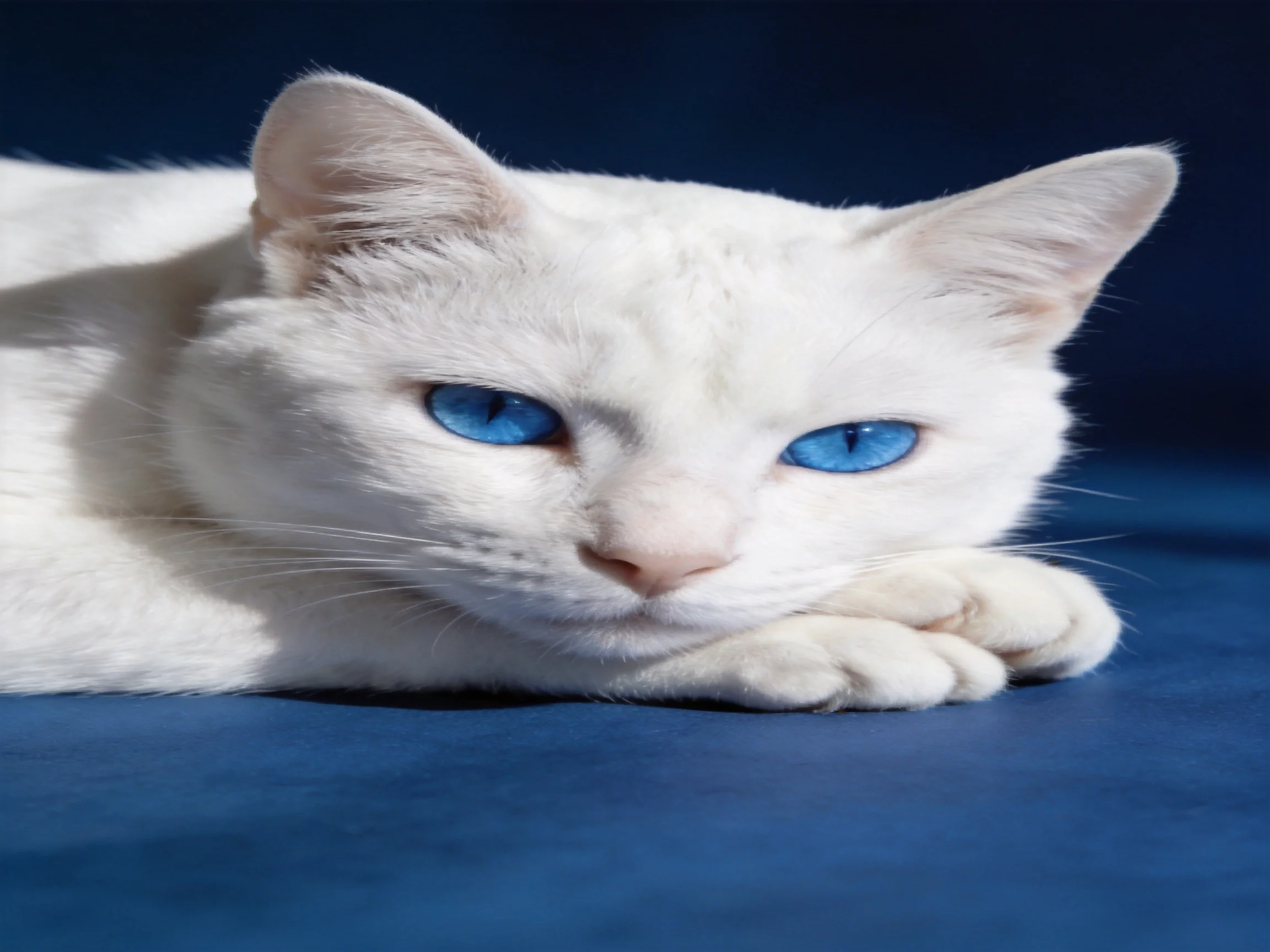 A white cat with bright blue eyes rests on a dark blue surface.