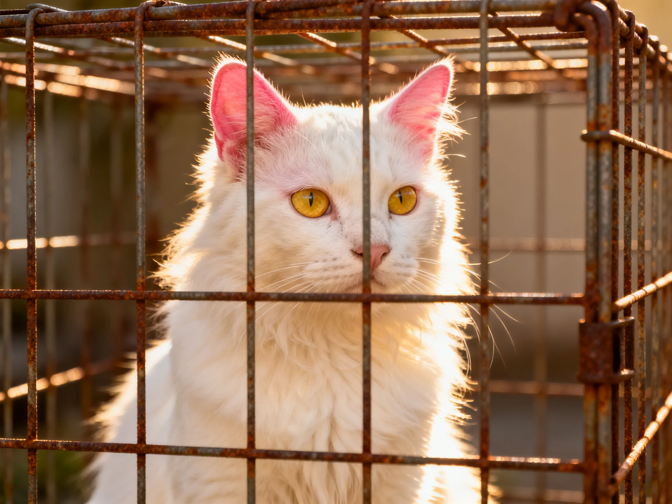 A white cat with yellow eyes is confined in a rusty metal cage.
