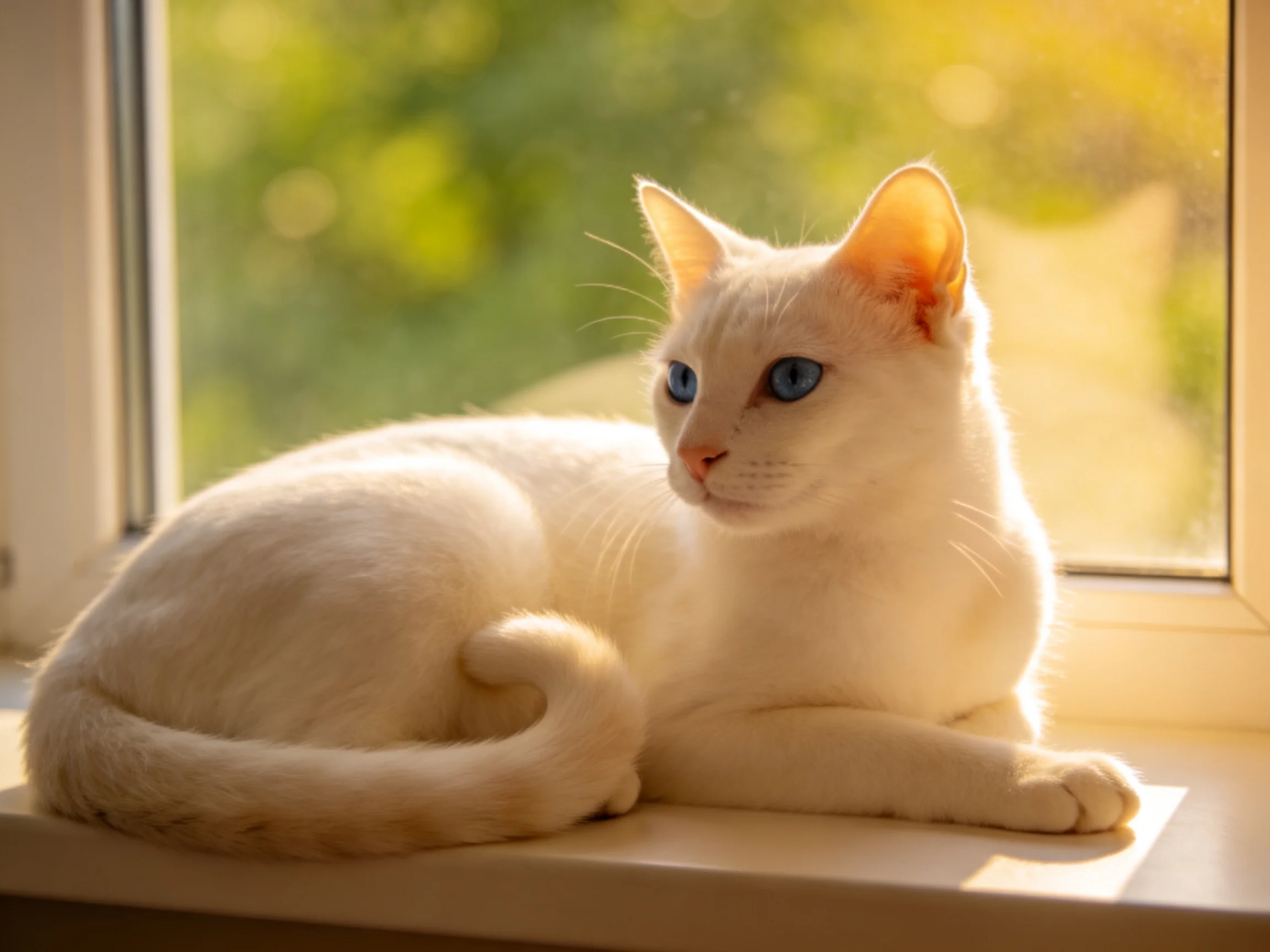A white cat withblue eyes lounges on a sunlit windowsill