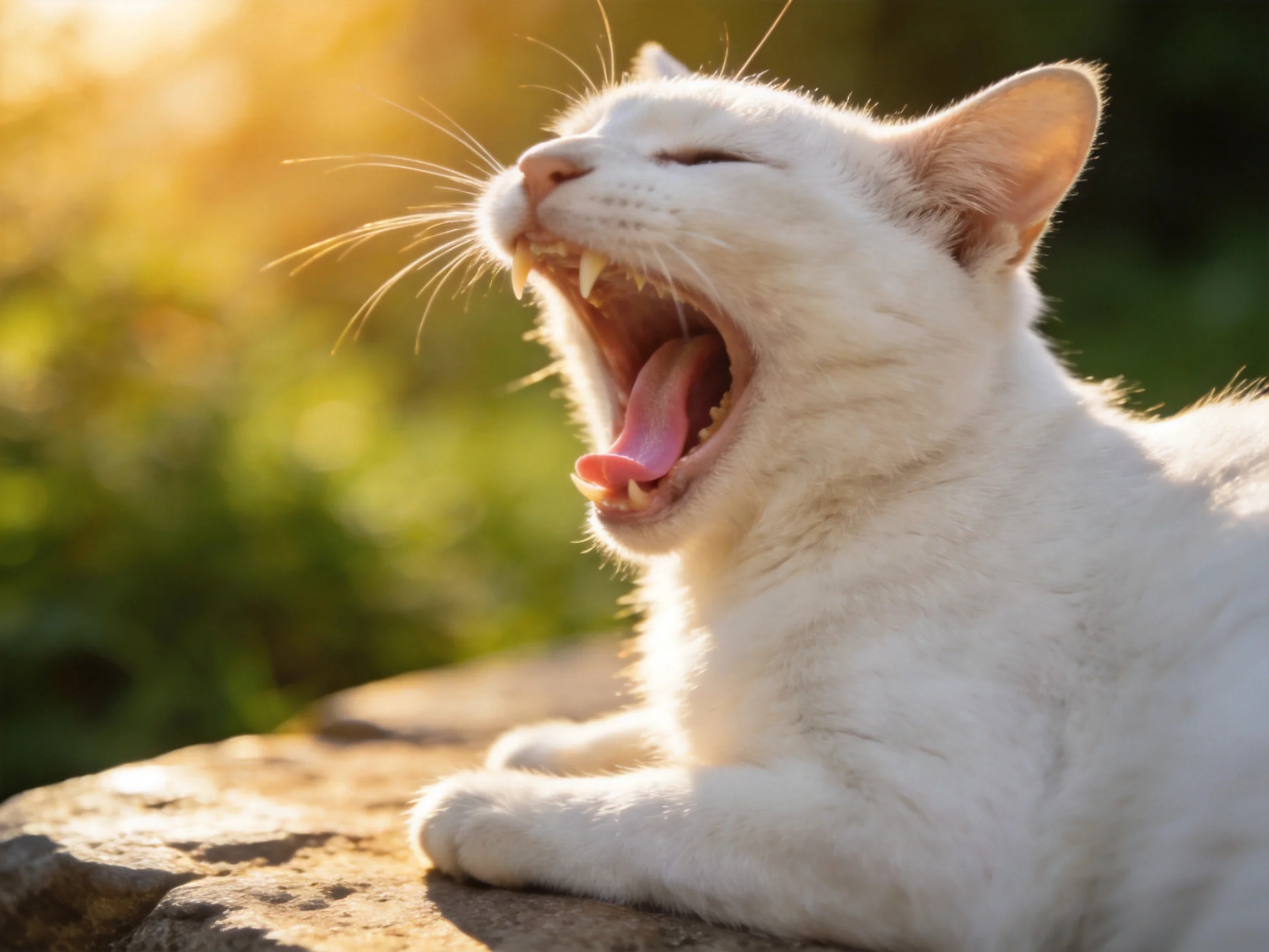A white cat yawning on a stone surface amid green foliage and golden sunlight