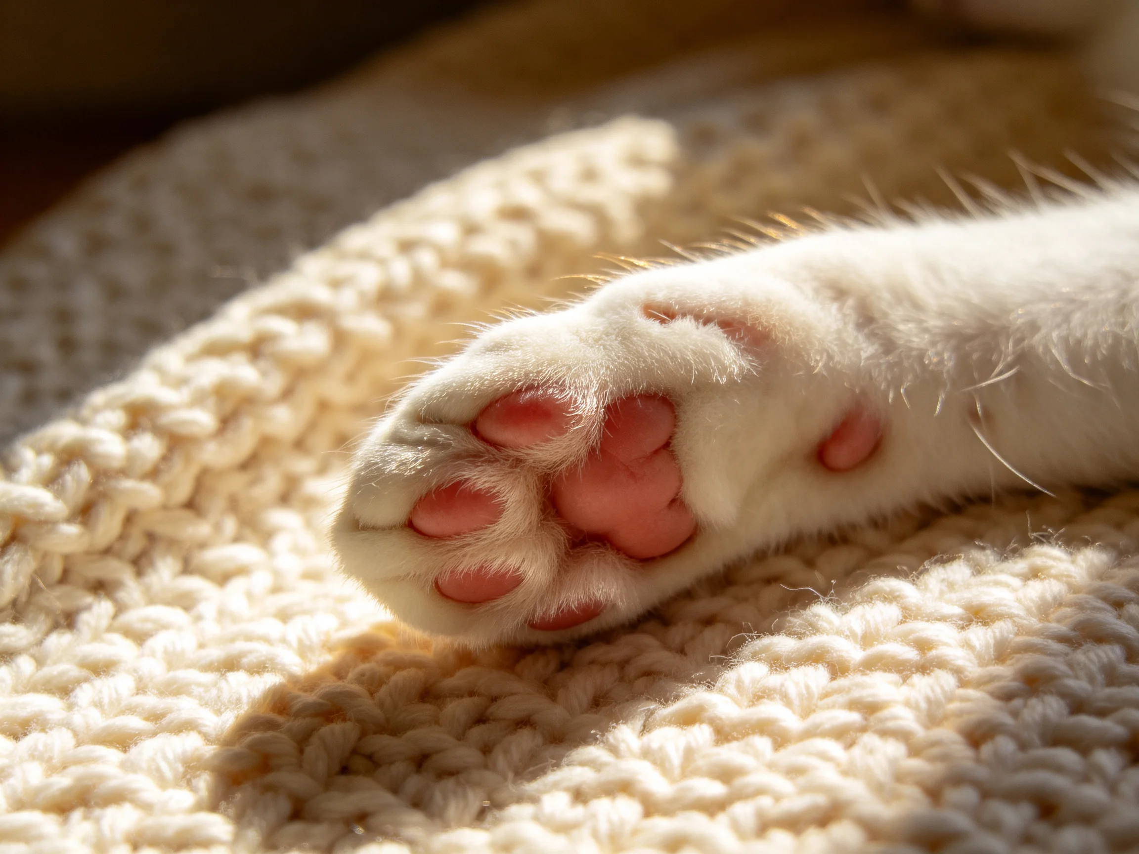 A white cats paw on a cream-colored knitted fabric