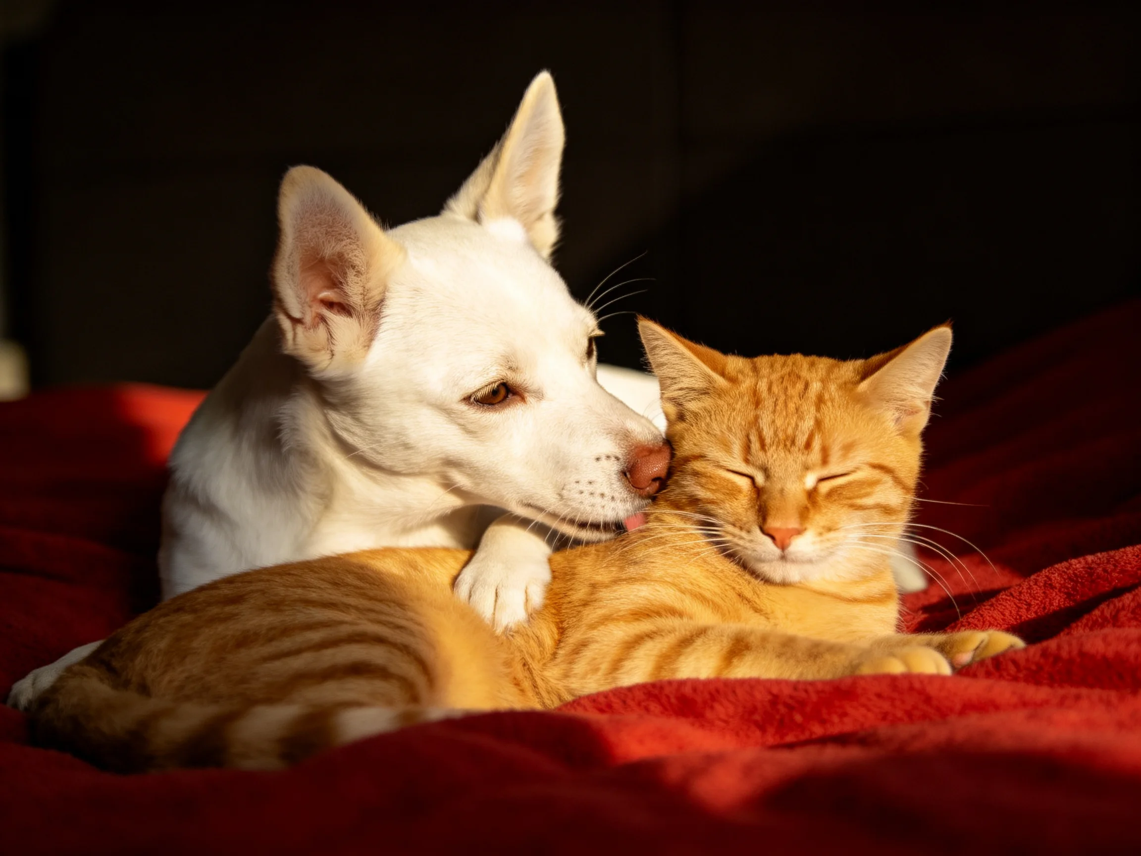 A white dog cuddles an orange tabby cat on a red blanket