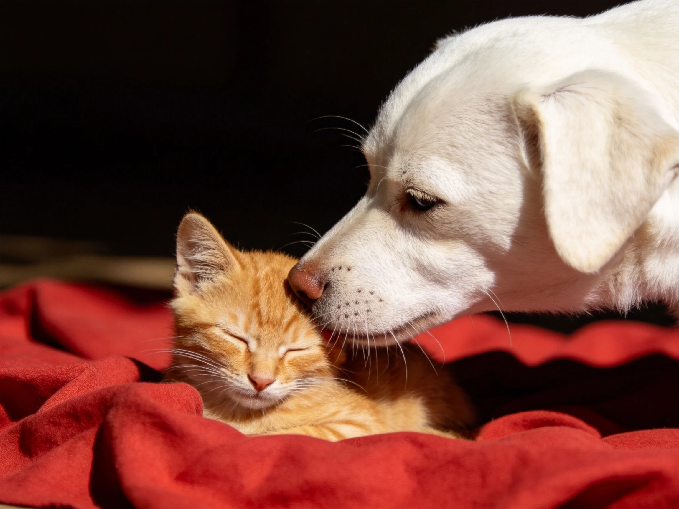 A white dog nuzzles an orange kitten on a red cloth