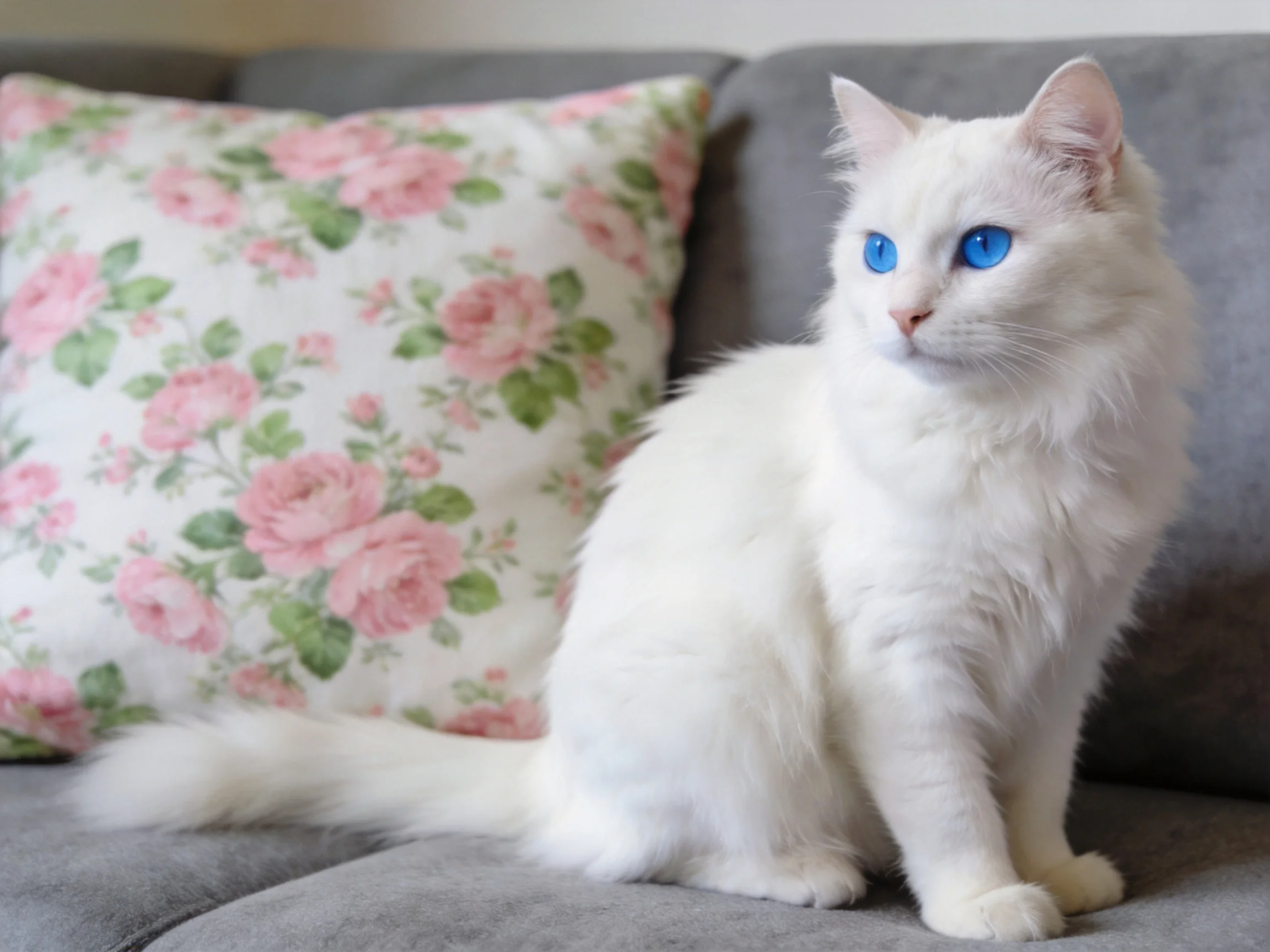 A white cat with blue eyes sits beside a pink floral pillow on a gray couch