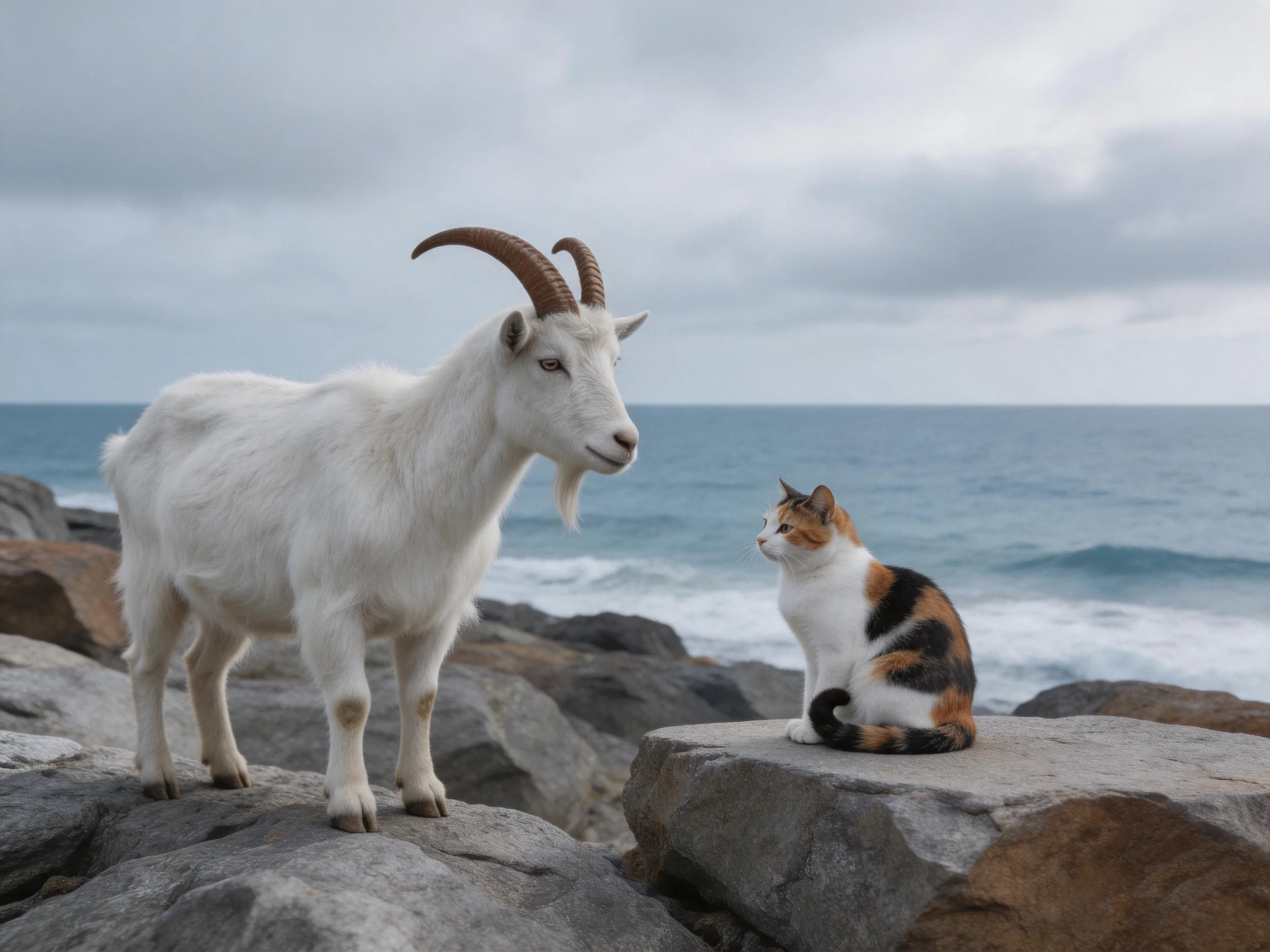 A white goat and calico cat are on rocky terrain near the ocean.