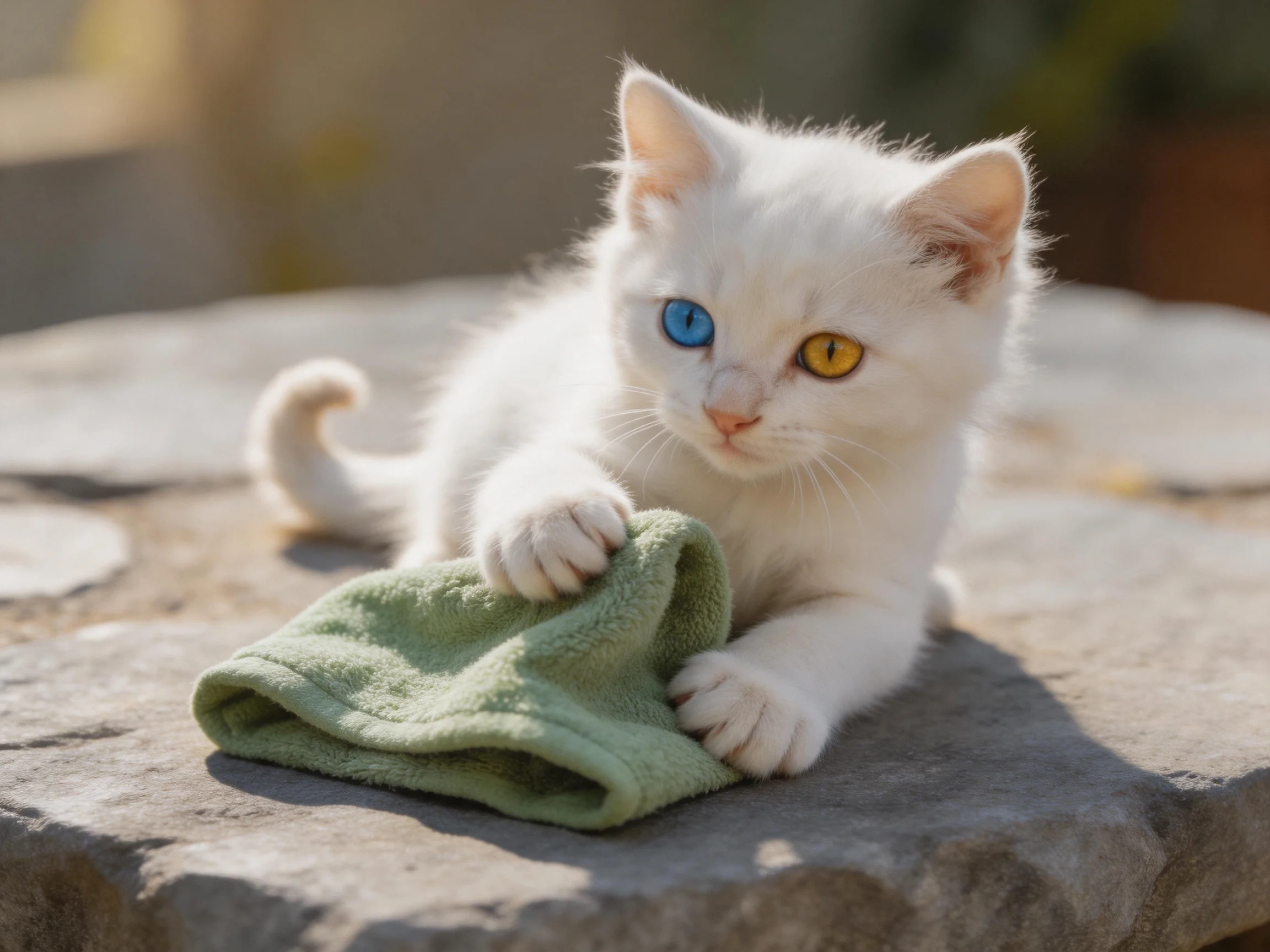A white heterochromatic kitten plays with a green towel outdoors.