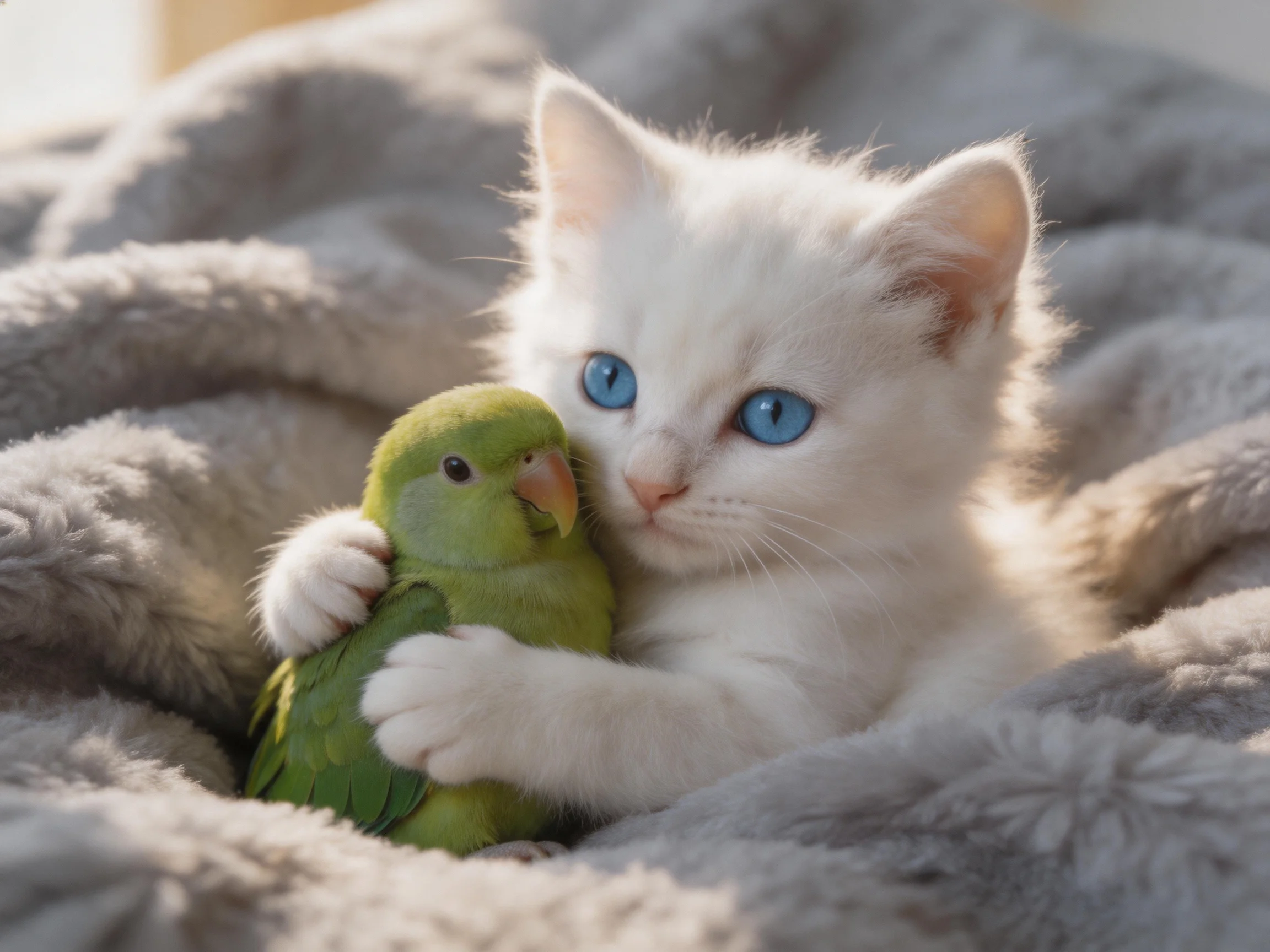 A white kitten cuddles a small green parrot on a soft gray blanket
