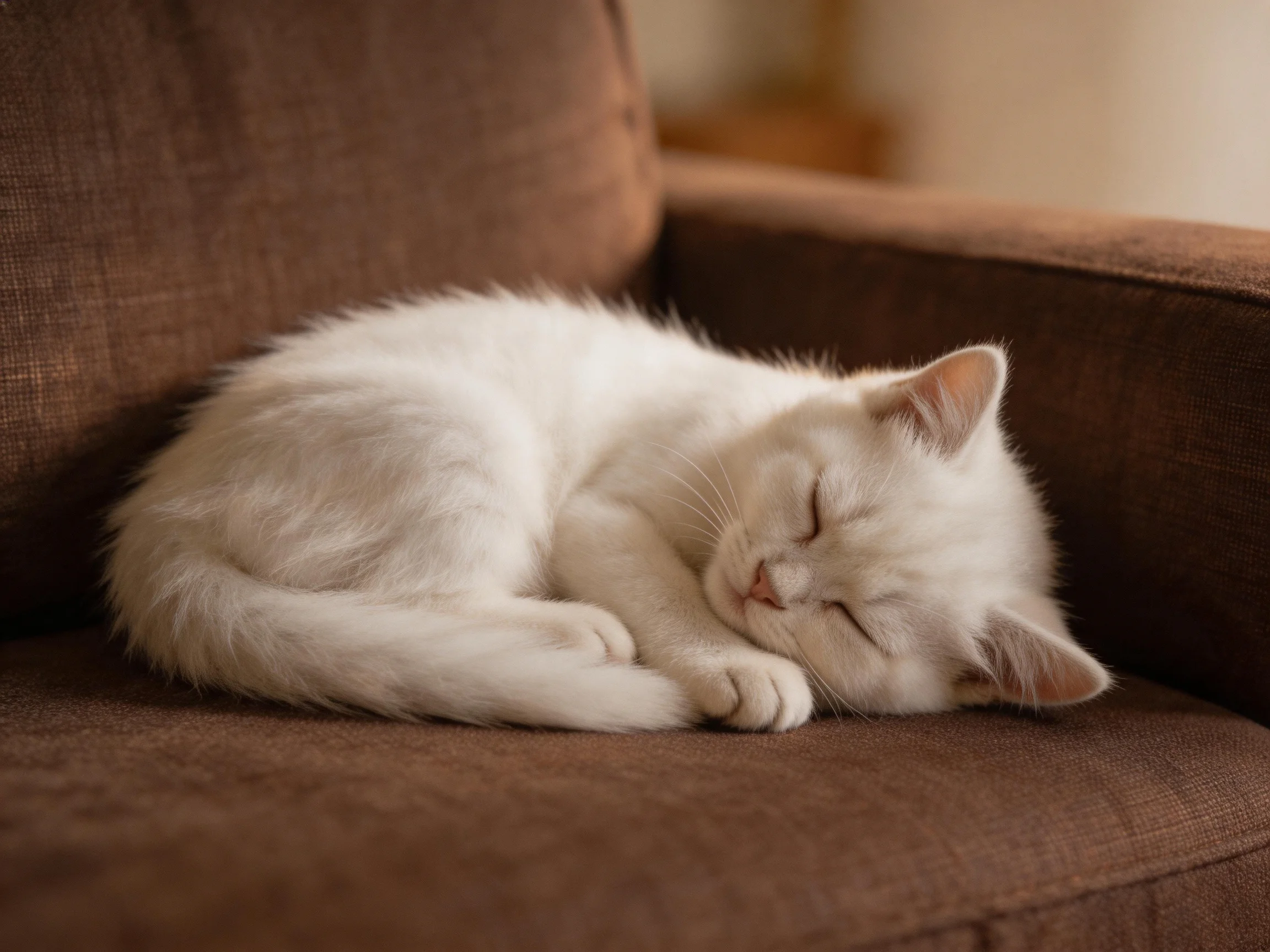 A white kitten curls up asleep on a brown fabric couch