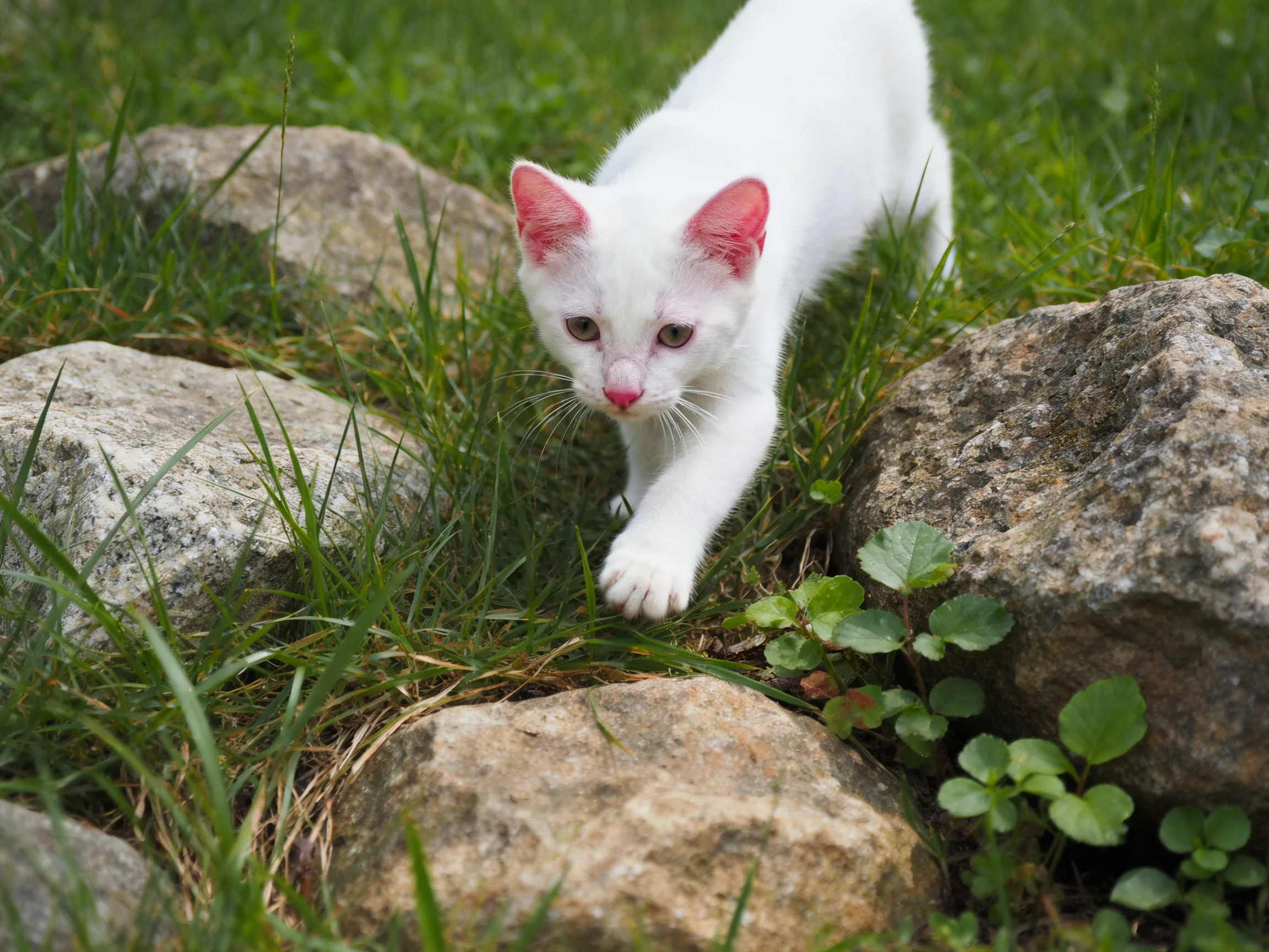 A white kitten explores near large gray rocks and green grass
