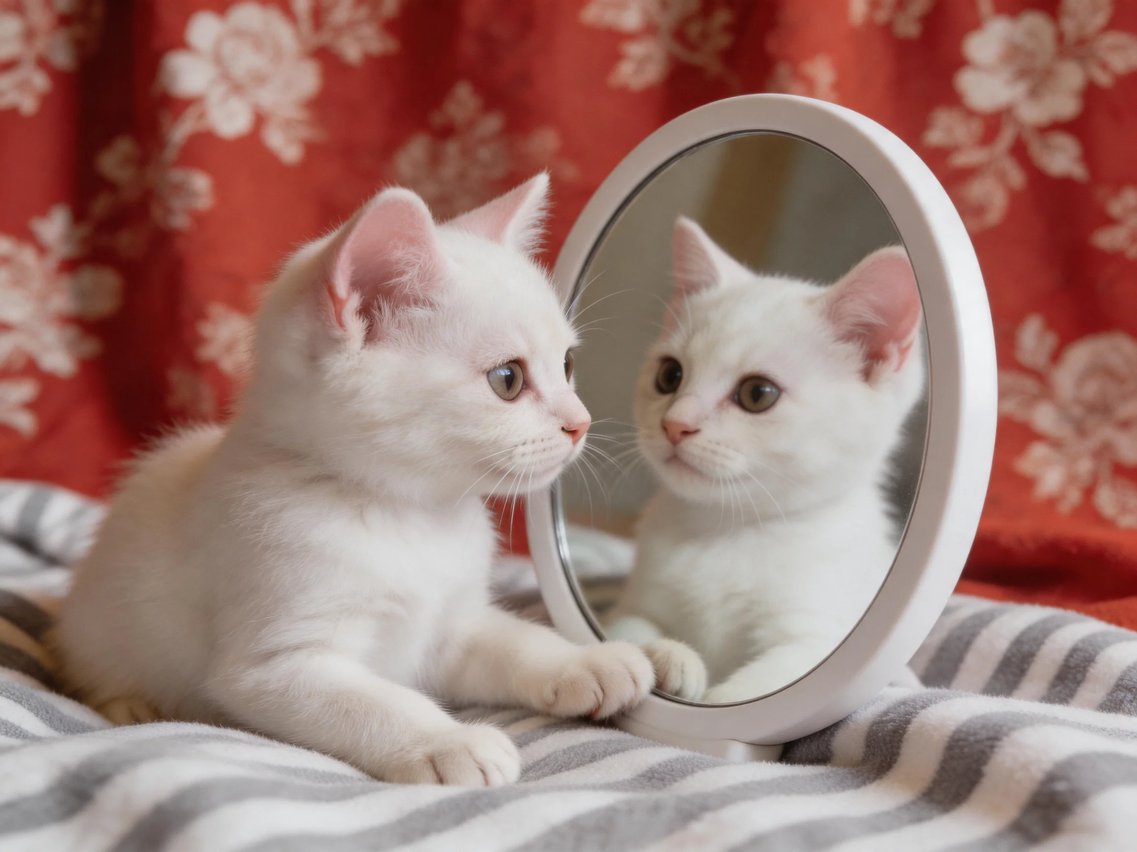 A white kitten gazes into a round mirror beside red floral curtains
