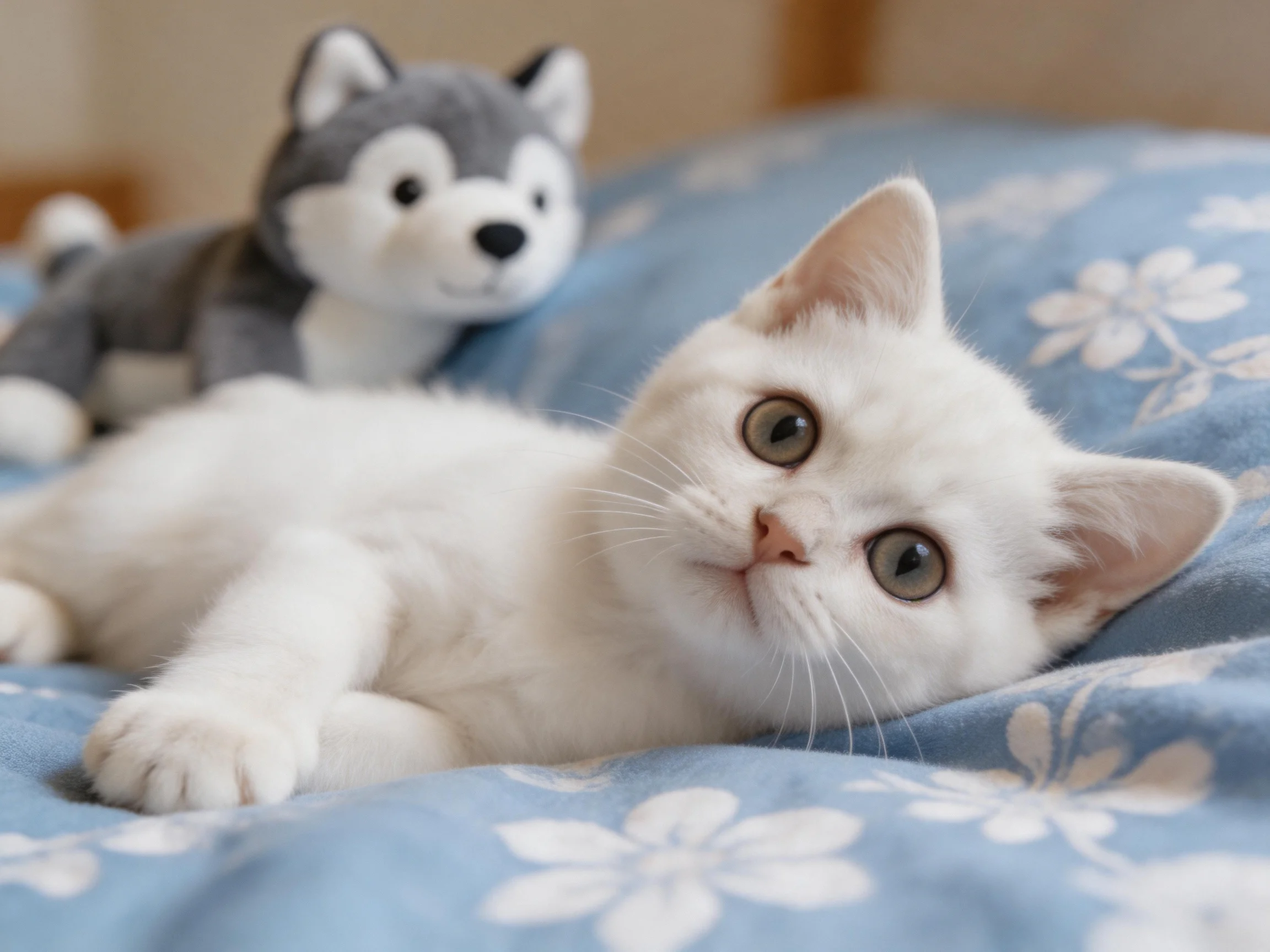 A white kitten lies on a blue floral bedspread next to a gray stuffed husky