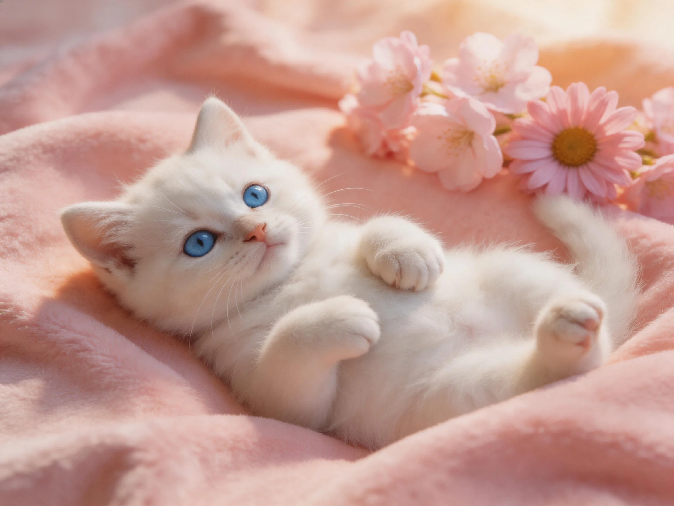 A white kitten lies on a pink blanket with pink flowers