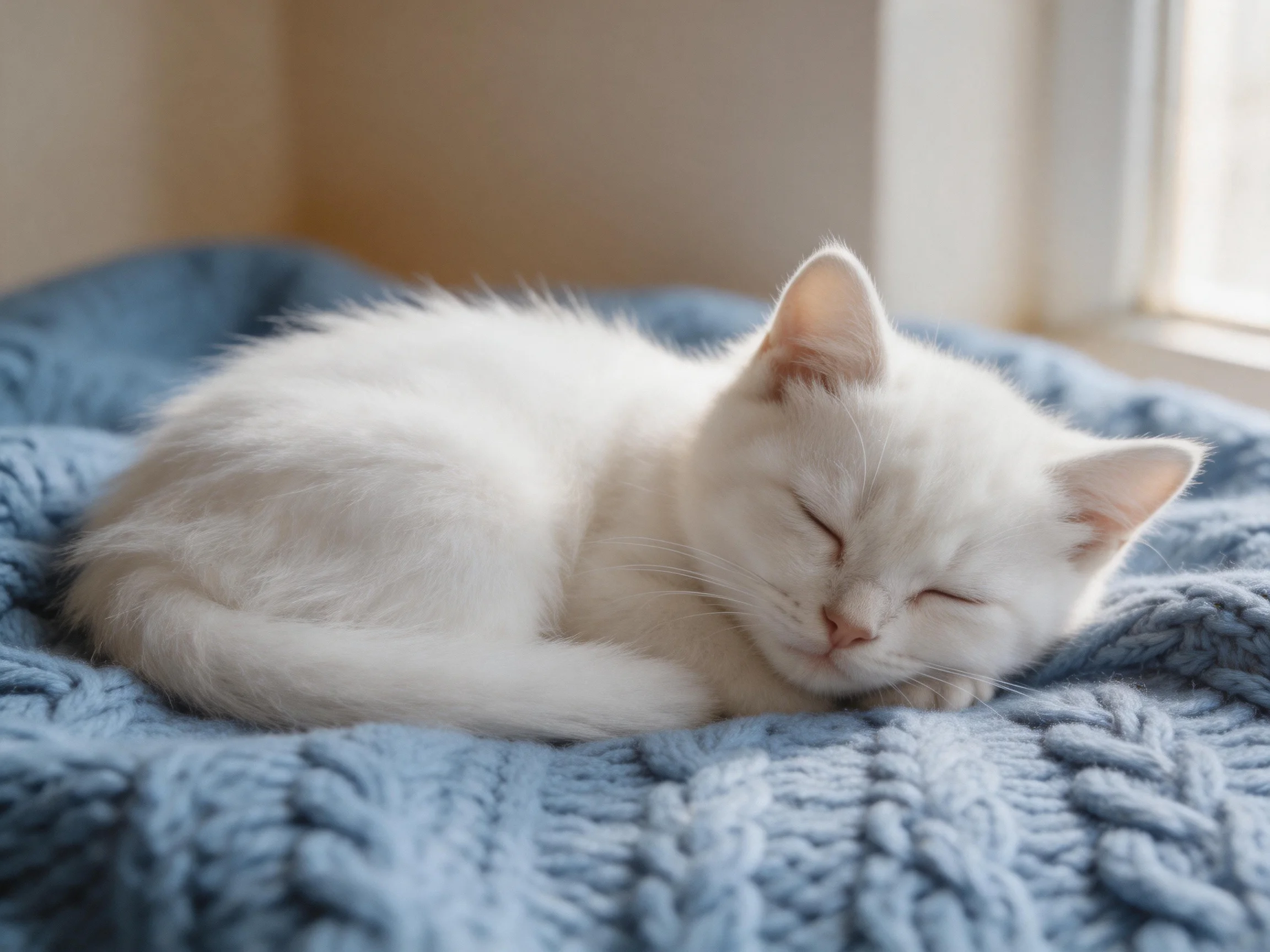 A white kitten naps on a knitted blue blanket by a sunlit window