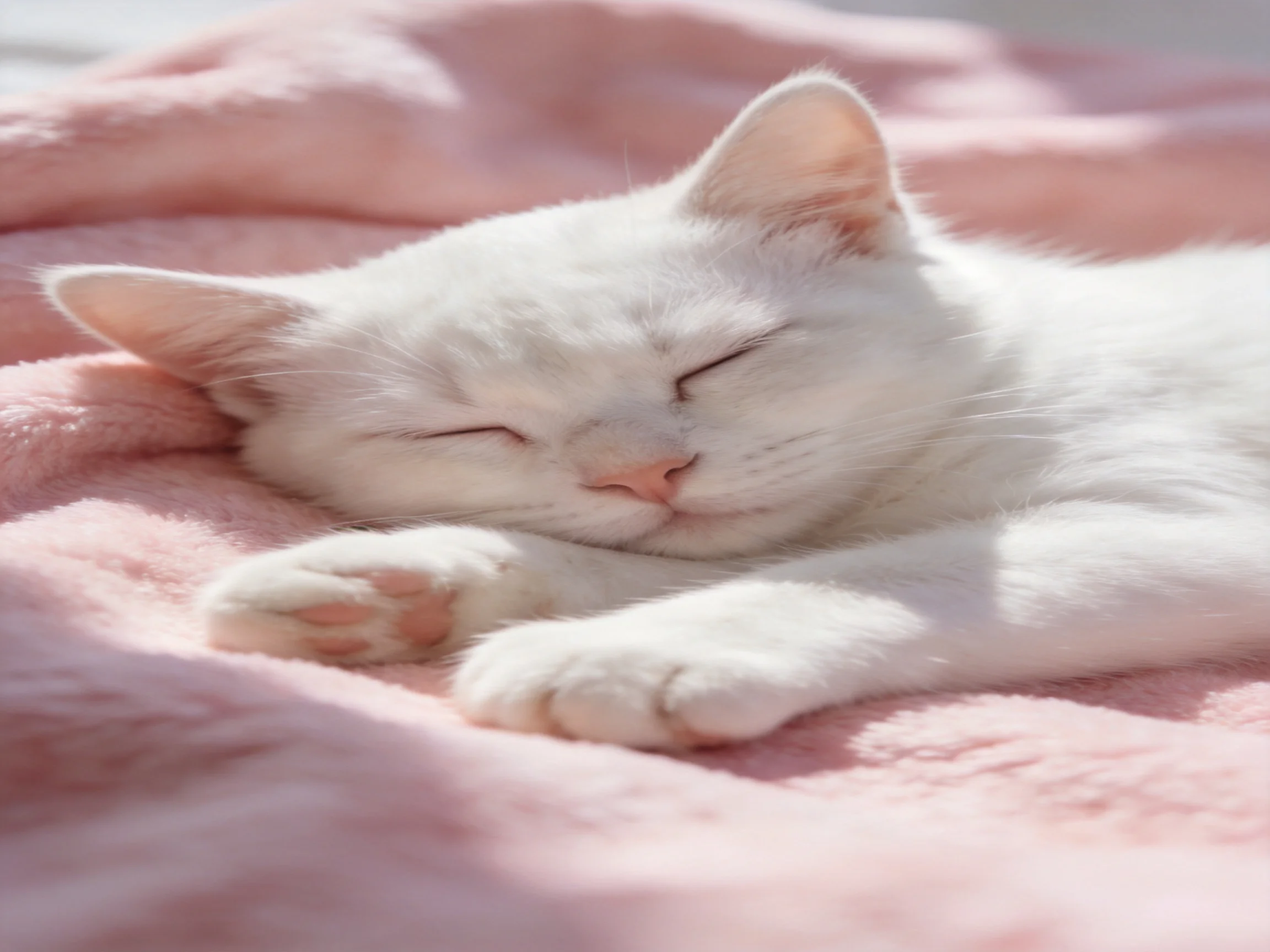A white kitten peacefully sleeps on a soft pink blanket