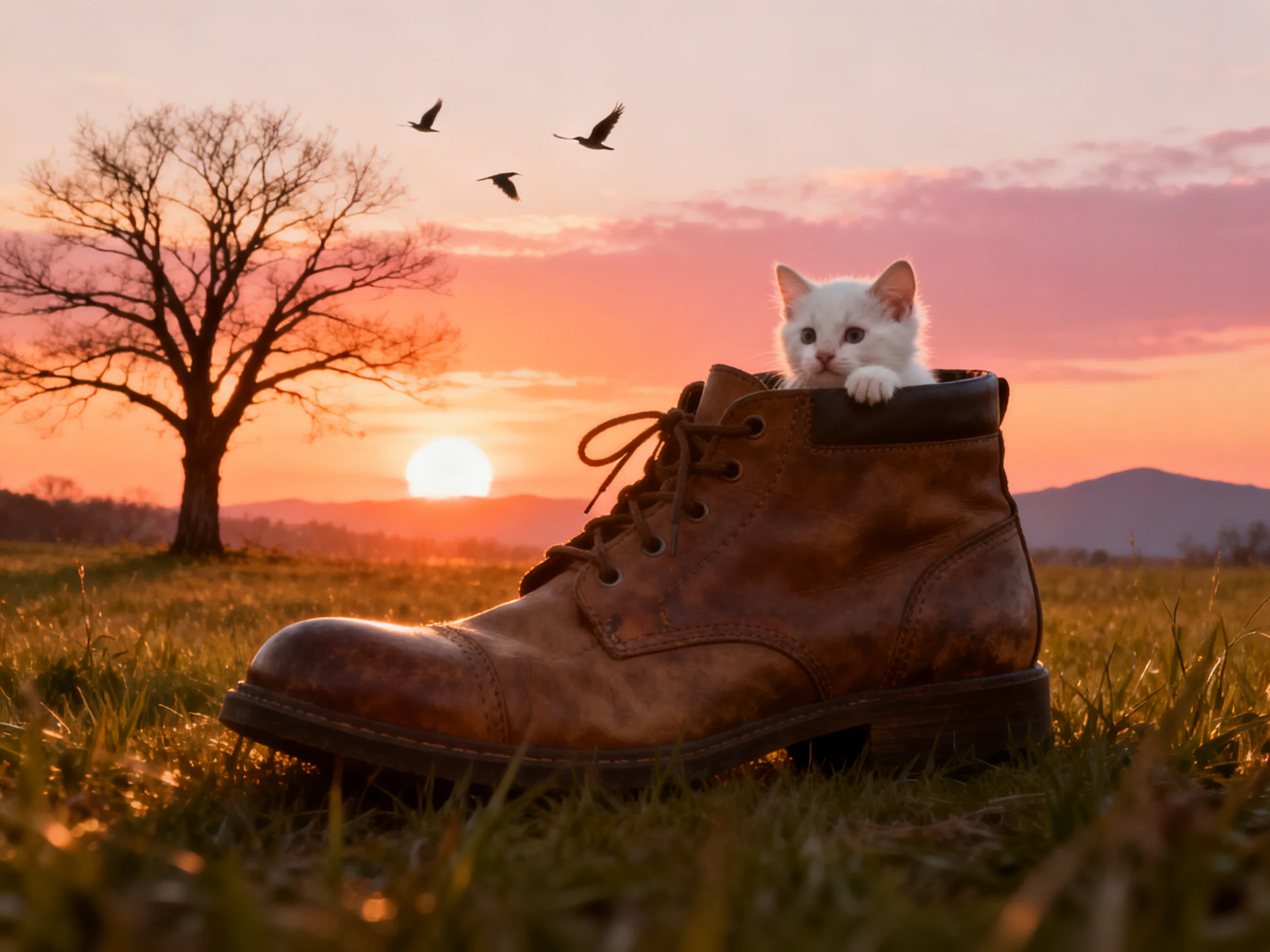 A white kitten peeks from a brown leather boot near a bare tree at sunset