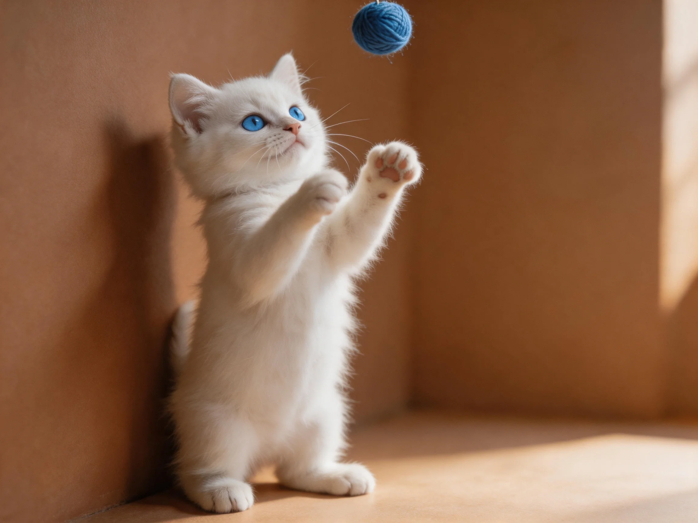 A white kitten reaching for a blue yarn ball in a brown cardboard enclosure