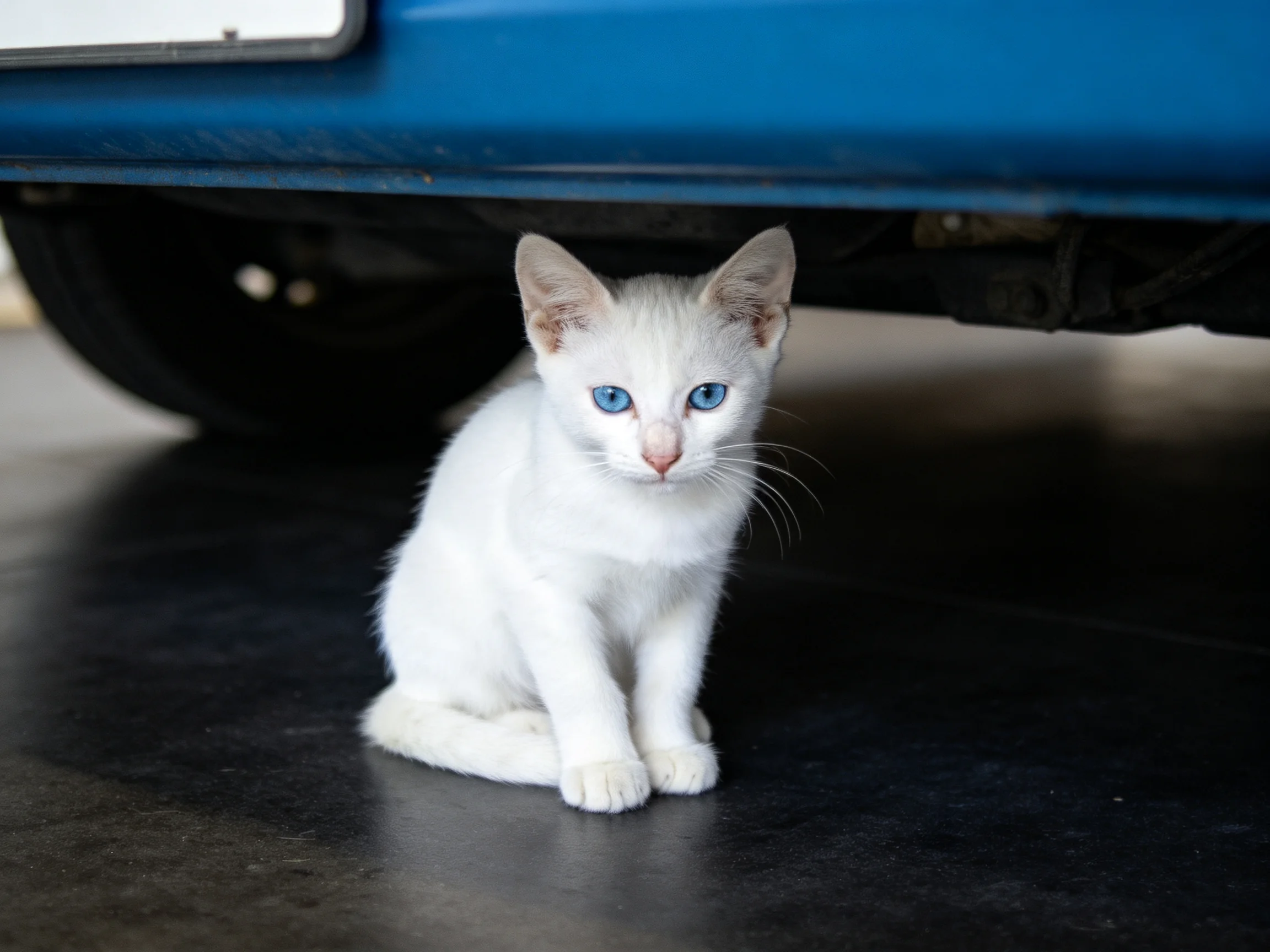 A white kitten sits beneath a bright blue vehicle