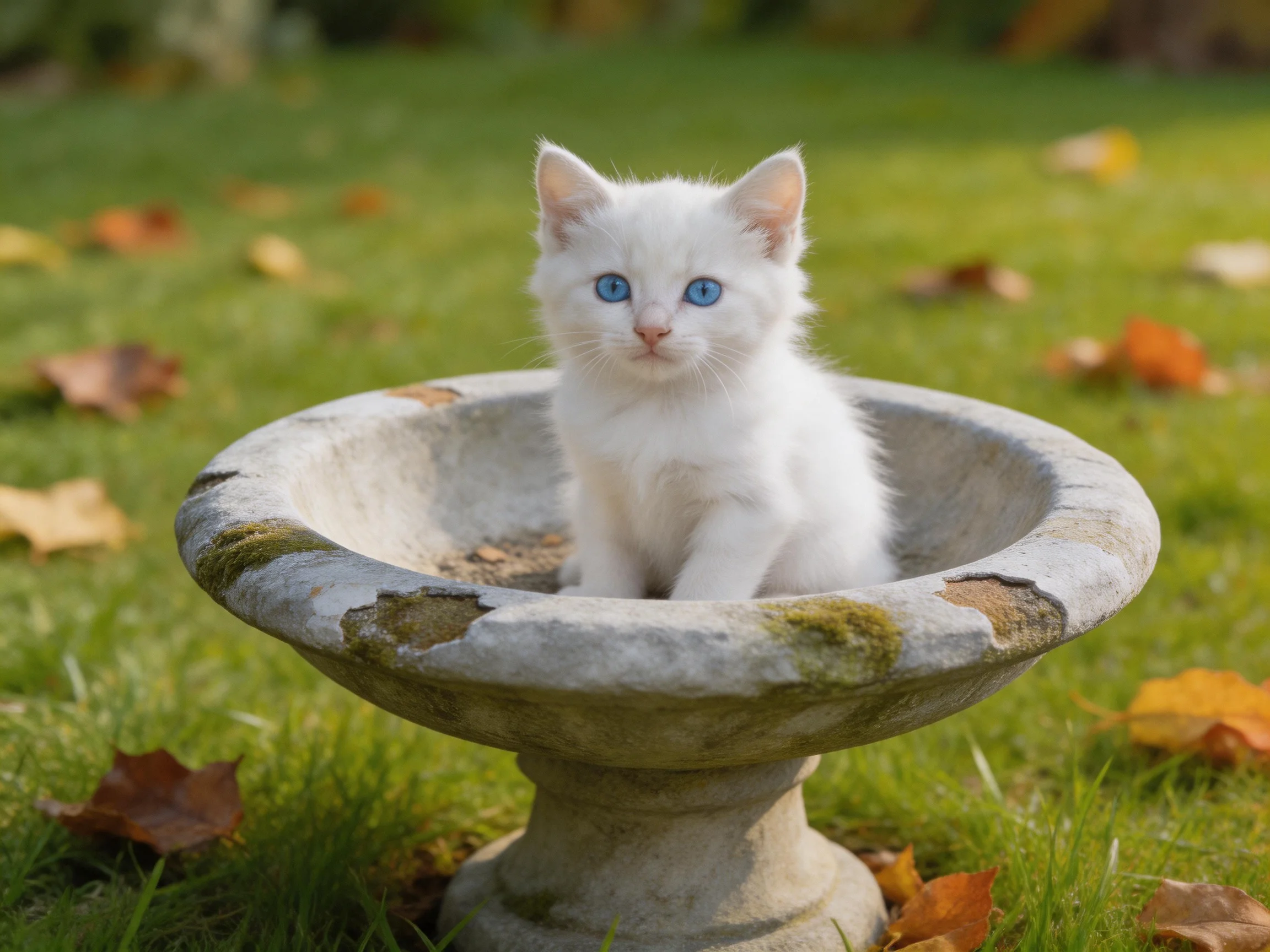 A white kitten sits in a weathered stone birdbath on a leaf-strewn lawn.