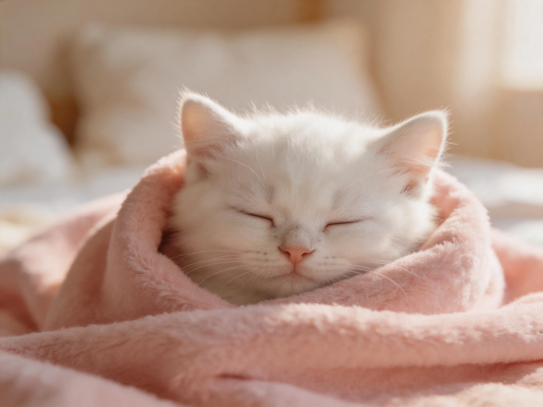 A white kitten sleeps cozily wrapped in a soft pink blanket