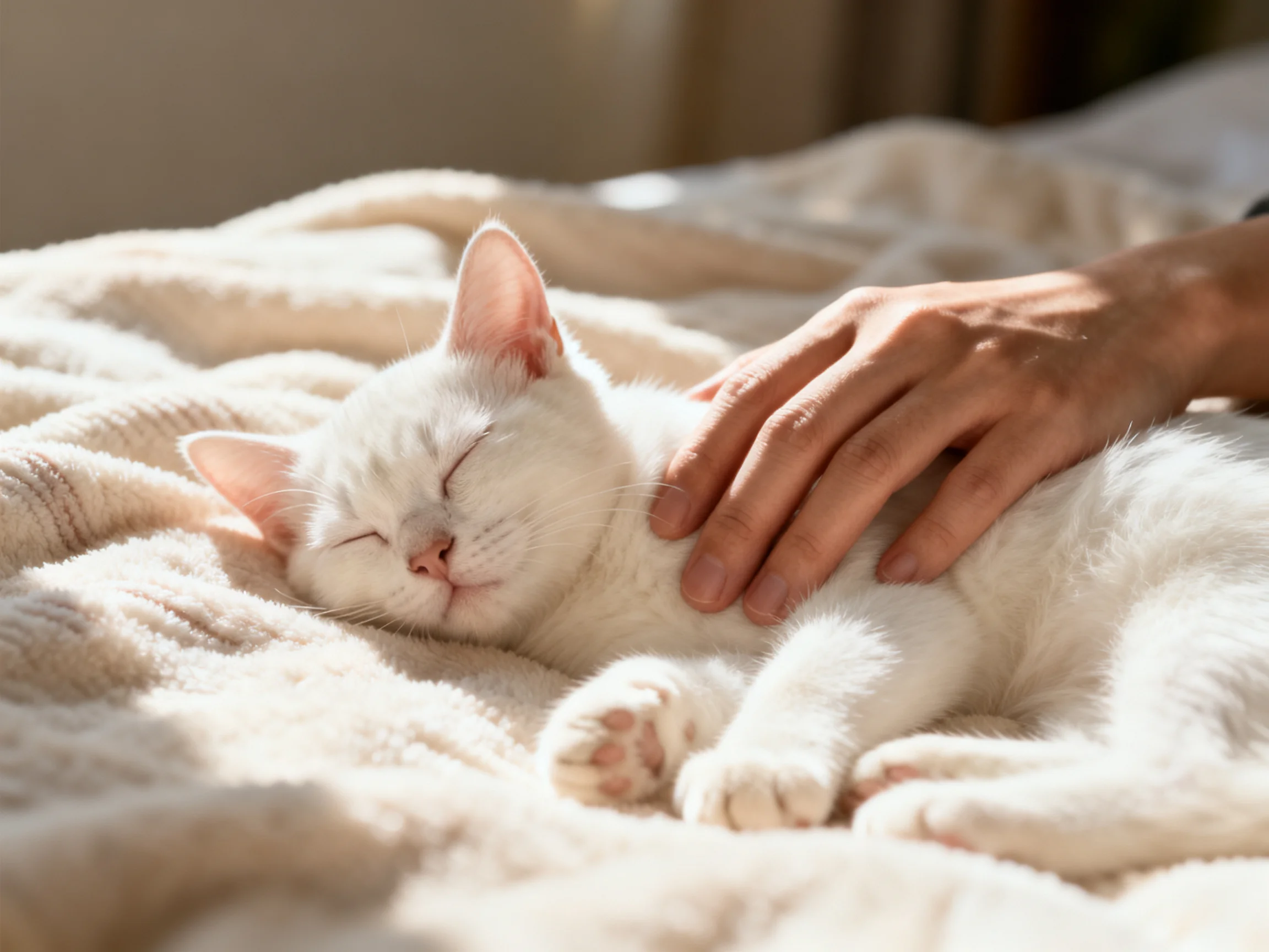 A white kitten relaxes on a cream blanket as a hand pets it
