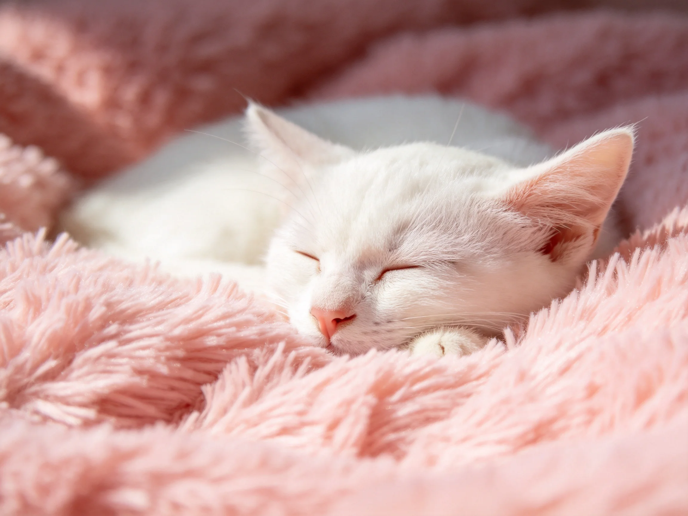 A white kitten sleeps on pink blankets.